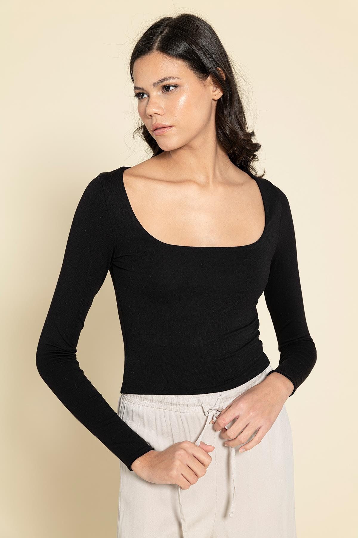 FOR YOU MODA-Double Layer Modal Square Neck Black Blouse 1