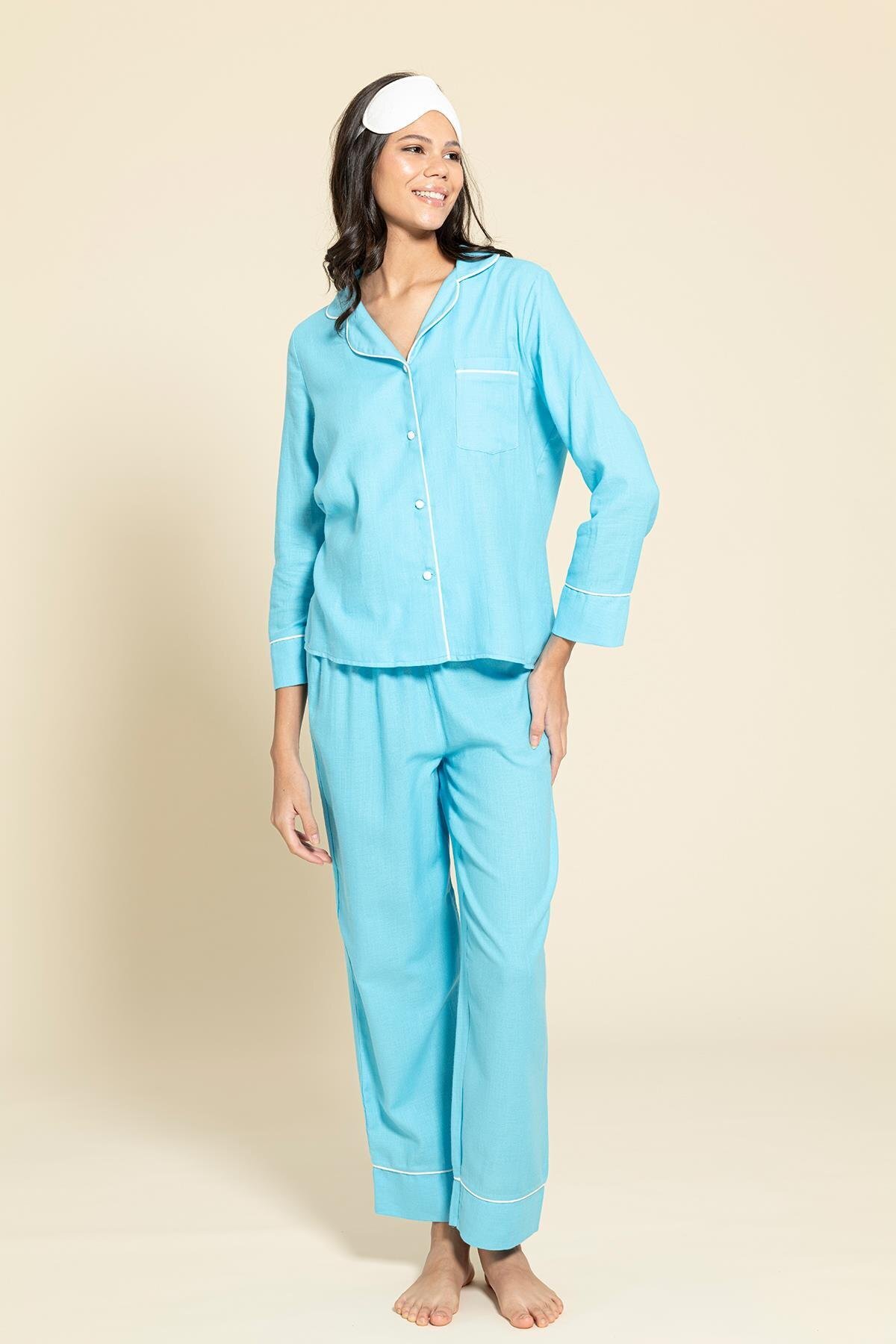 FOR YOU MODA-3-Piece Organic White Bias Blue Pajamas Set 5