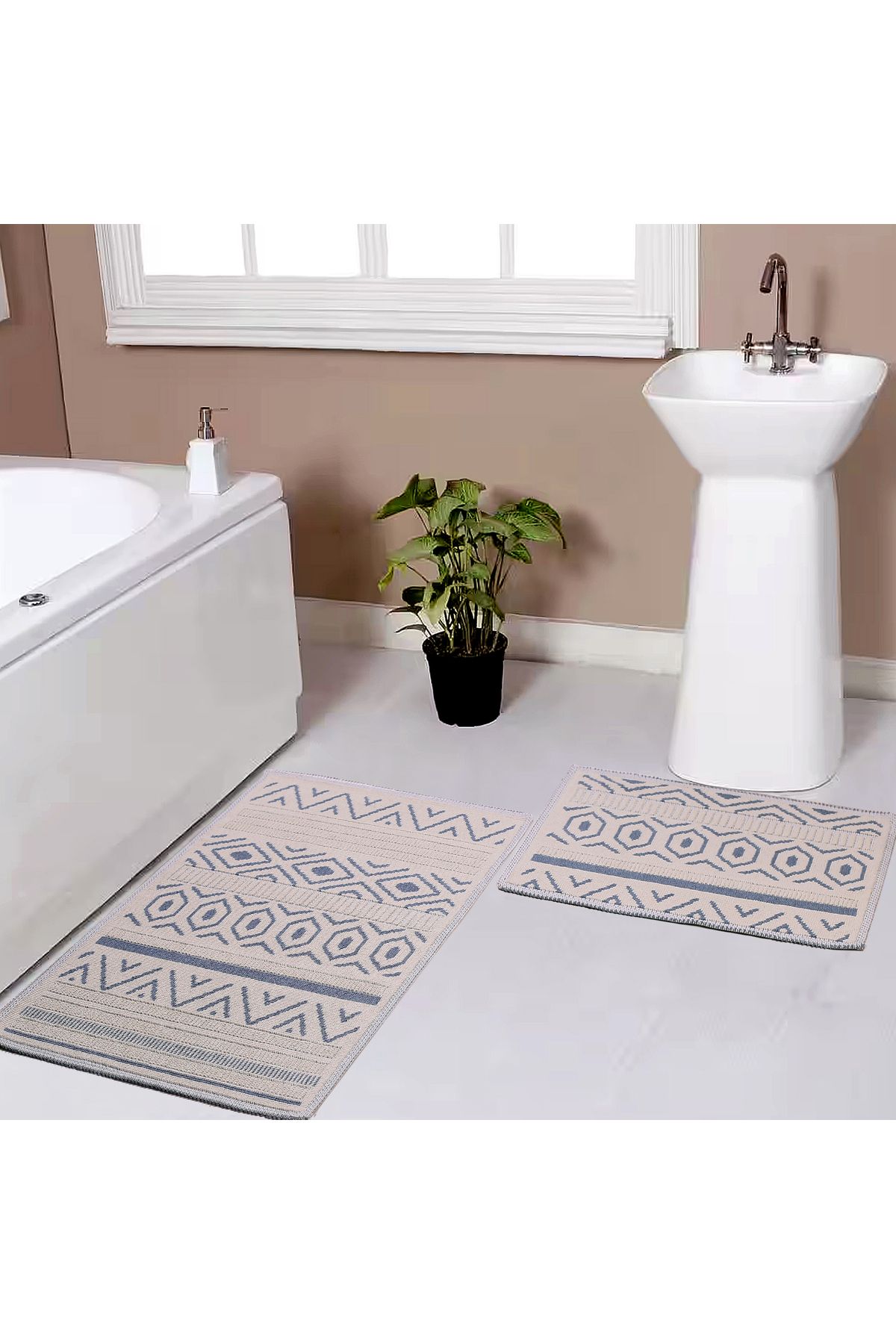 Beşler Premium 2'li Banyo Paspas Seti % 100 Pamuk Krem-Mavi Kilim