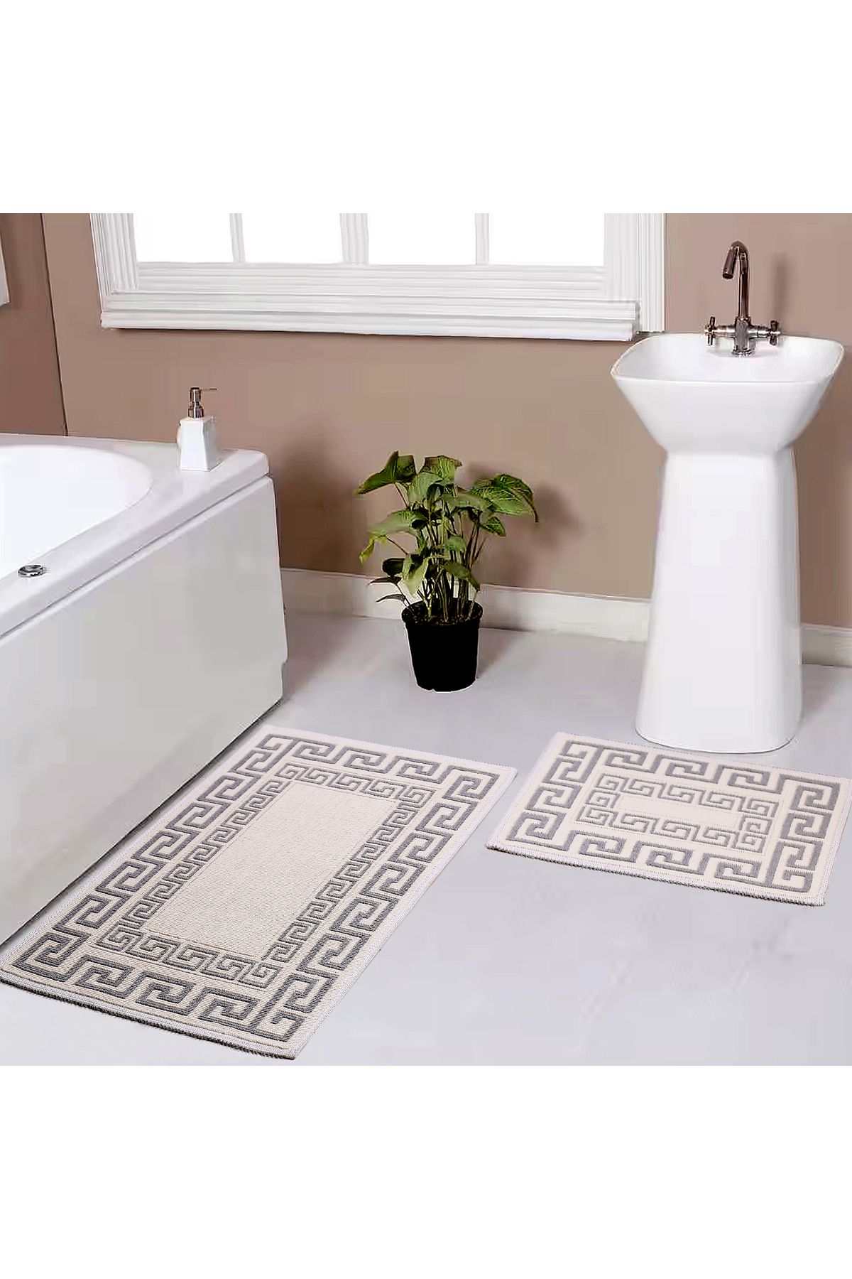 Beşler Premium 2'li Banyo Paspas Seti % 100 Krem-Antrasit Pamuk Kilim