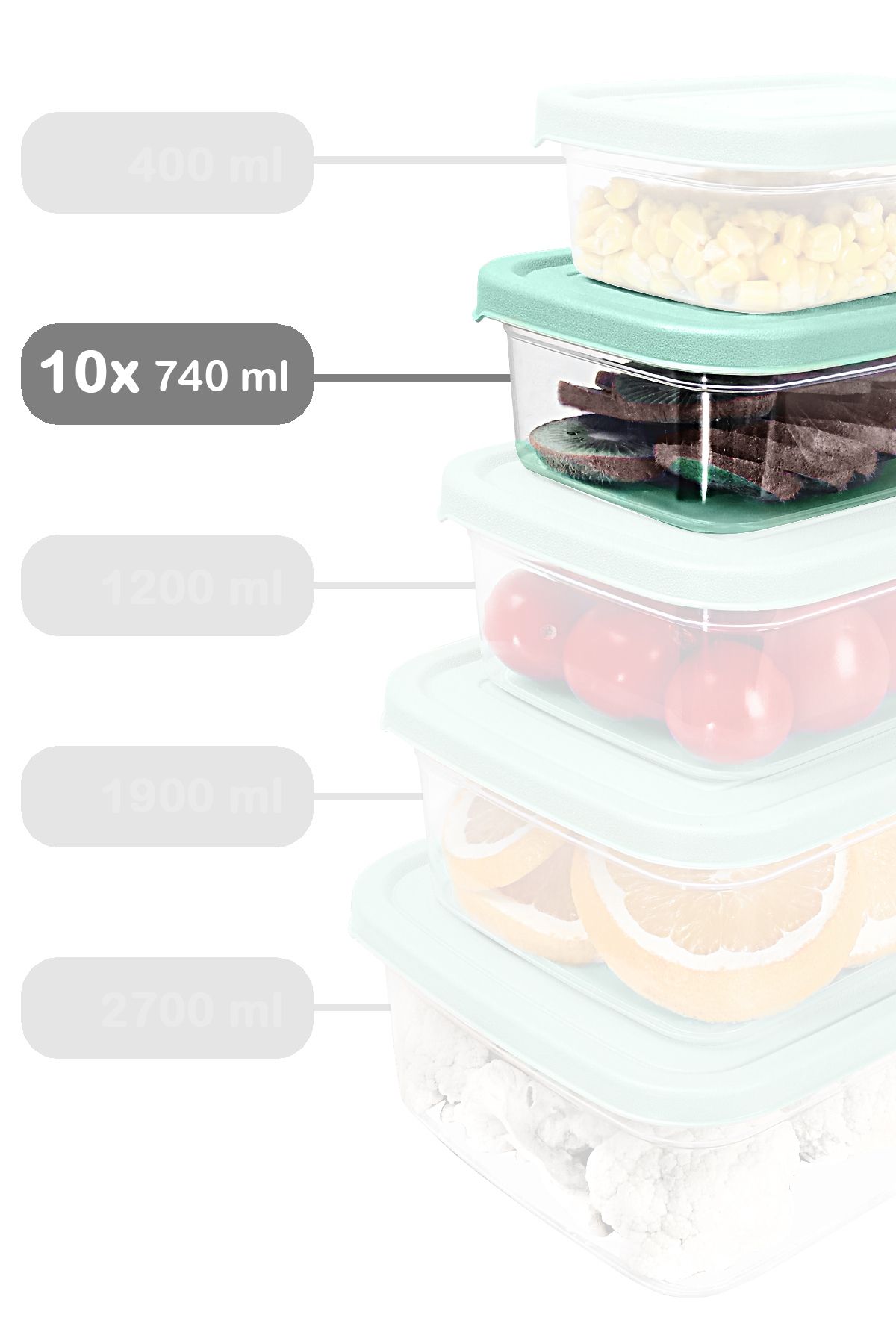 Meleni Home-10 Pieces 740ml Green Rectangular Food Storage Container Organizer Suitable for Microwave 2