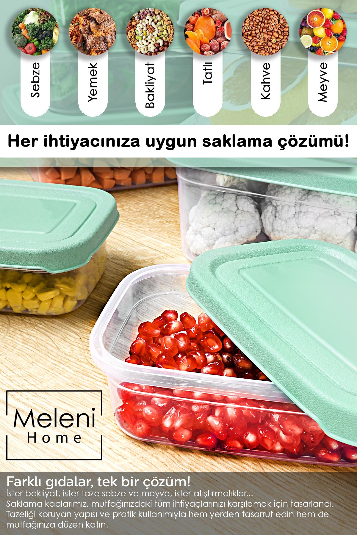 Meleni Home-10 Pieces 740ml Green Rectangular Food Storage Container Organizer Suitable for Microwave 4