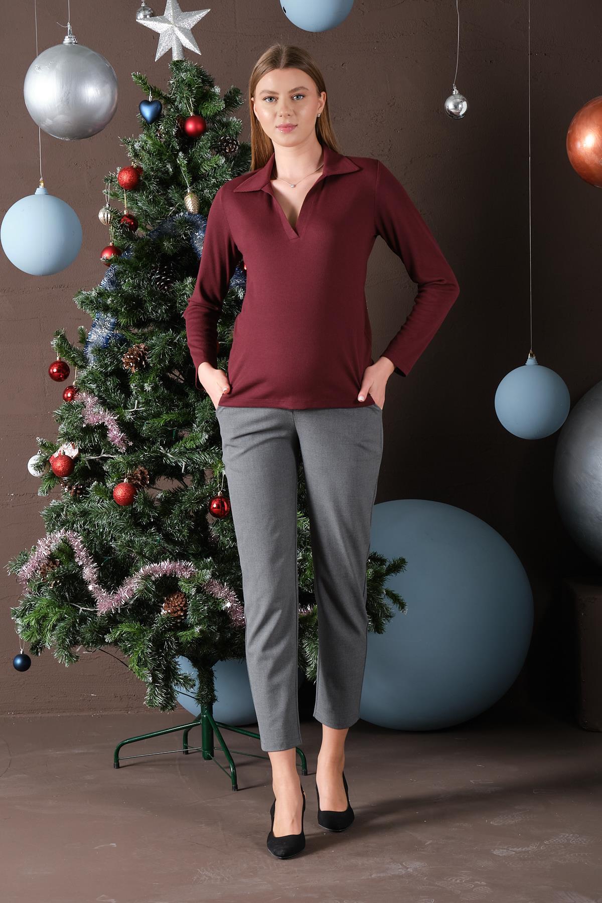 BUSA Hamile Esnek Karın Bantlı Belden Ayarlı Mom Fit Klasik Gabardin Pantolon KOYU GRİ