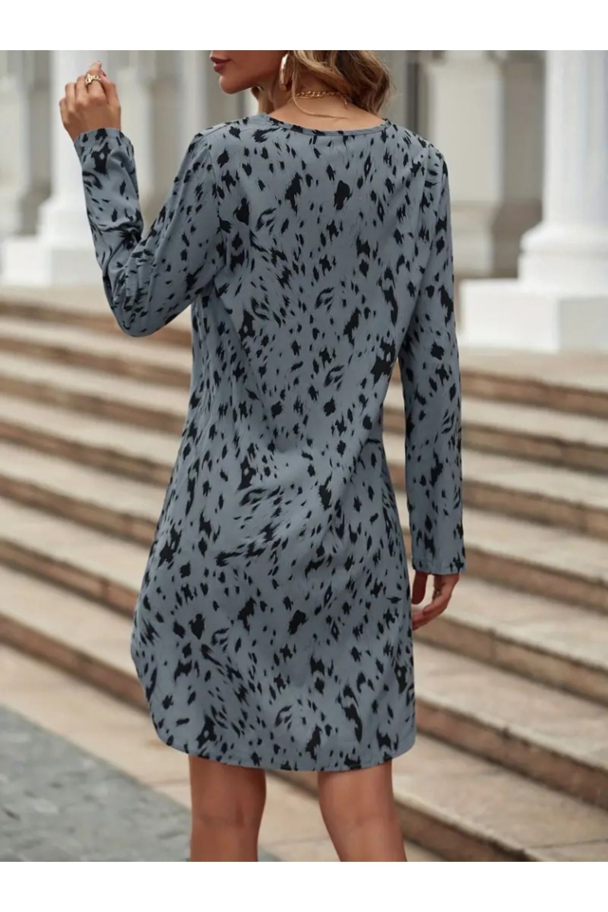 1001moda-Women's Long Sleeve V Neck Print Short Linen Dress 5