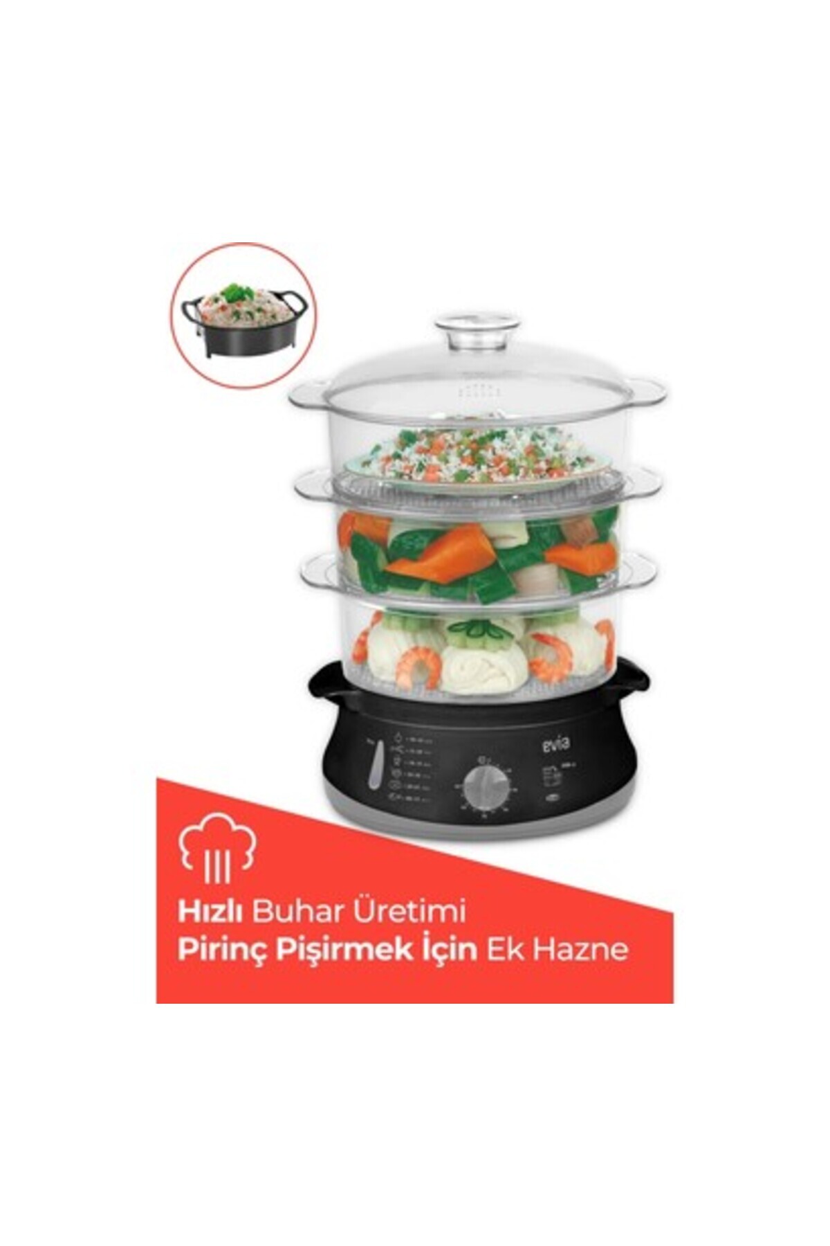 Evia 60 Dakika Zaman Ayarlı 10 Litre Bpa Içermeyen Buharlı Pişirici fotoğrafı 2 (önizleme)