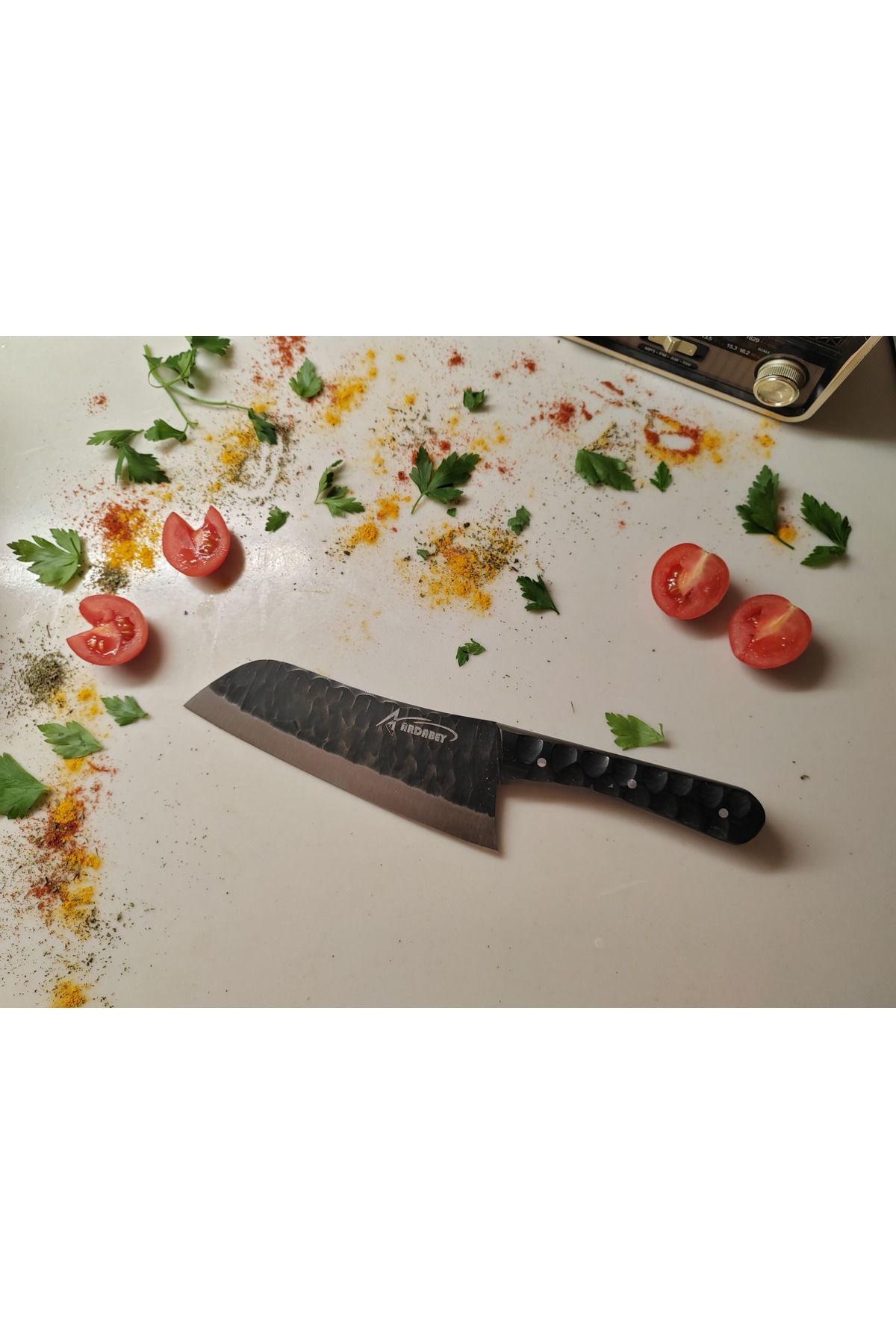 Ardabey Özel Üretim Mikarte Saplı Dövme El İşçiliği Santoku Şef Bıçağı