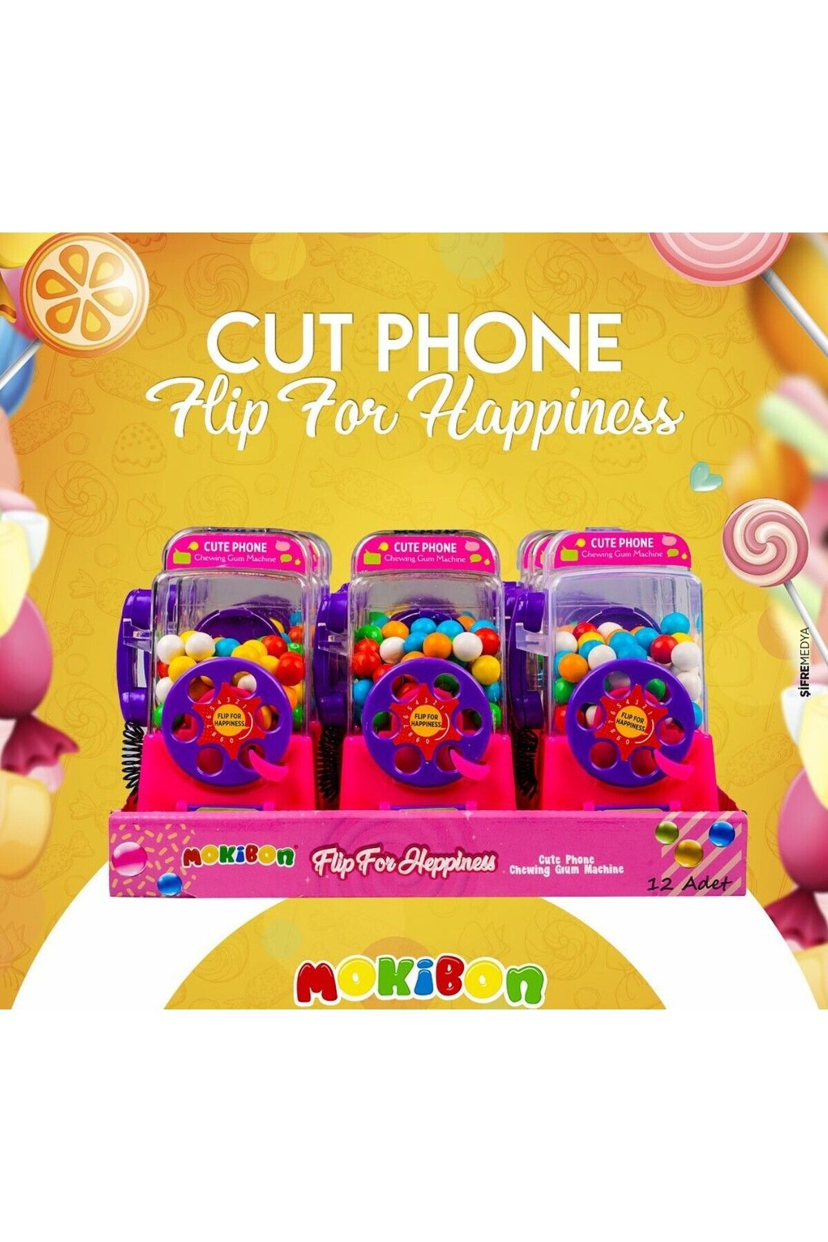 MOKIBON Cute Telefon Şeklinde Sakız Makinası (Pembe) x 12 Adet