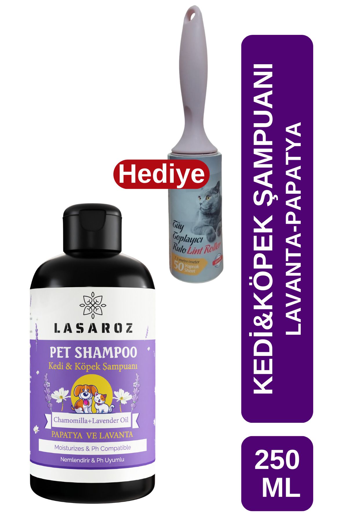 lasaroz Kedi Köpek Şampuanı Papatya Lavanta Yağlı 250 ml Tüy Toplayıcı Rulo Hediye