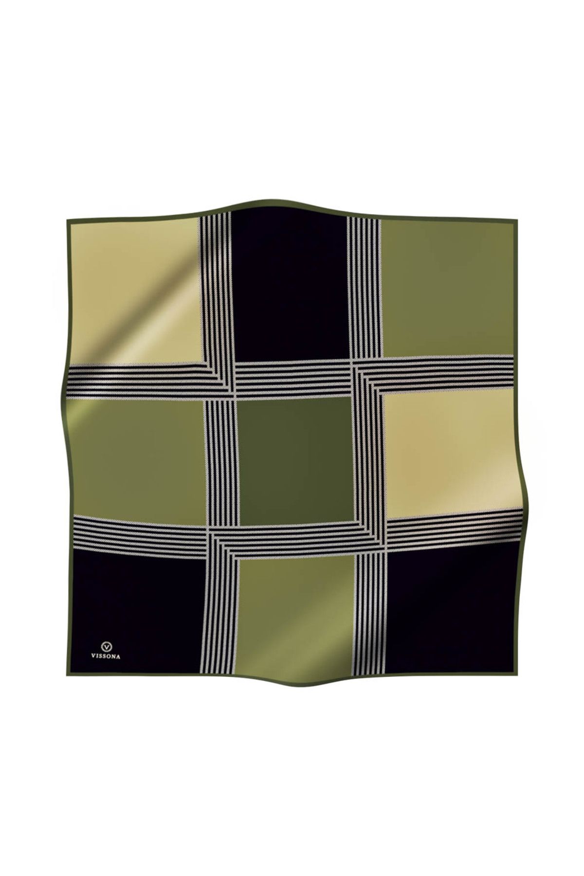 Vissona-Khaki Color Geometric Pattern Twill Silk Scarf - 90X90 Planting Shape 2