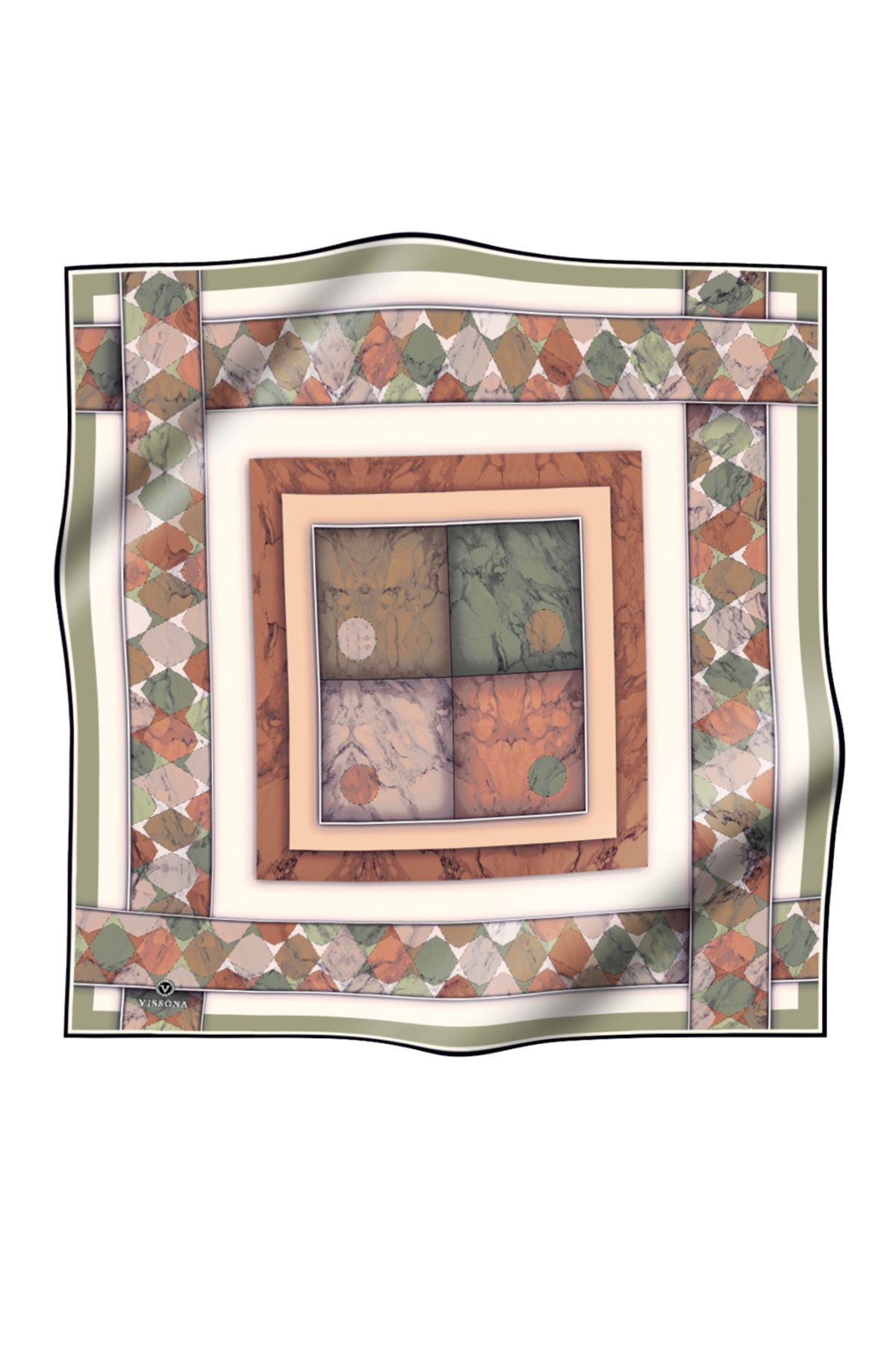 Vissona-100% Twill Silk Marble Effect Geometric Patterned Khaki - Copper Color 90X90 Scarf Planting Shape : Hand D 2