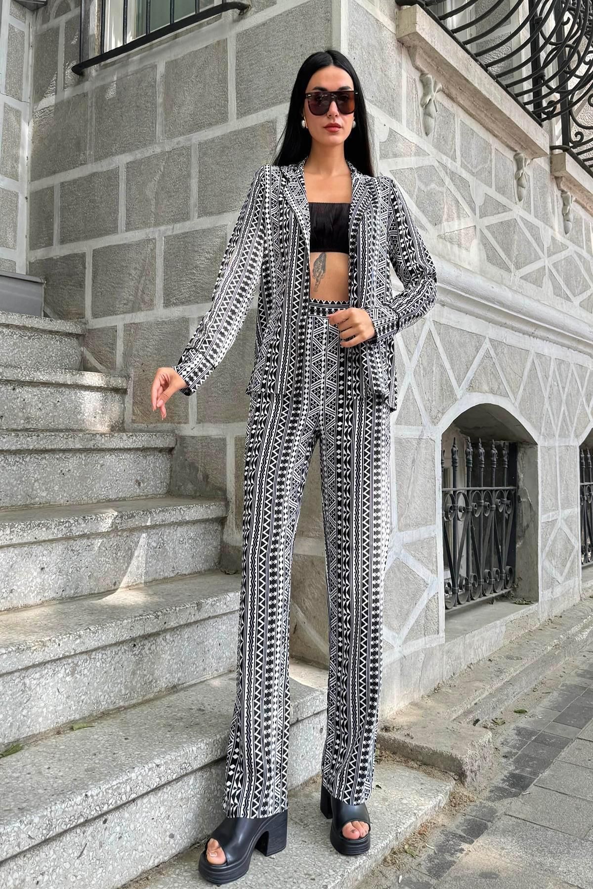 FOR YOU MODA 3'lü Viskon Desenli Bustiyer Pantolon Siyah Takım