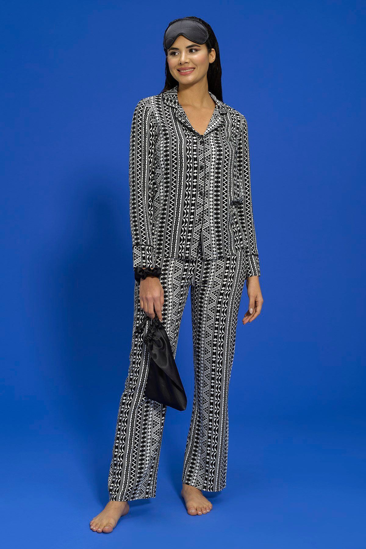 FOR YOU MODA-7-Piece Viscose Asymmetrical Pattern Black Pajama Set Both Inside and Outside 2
