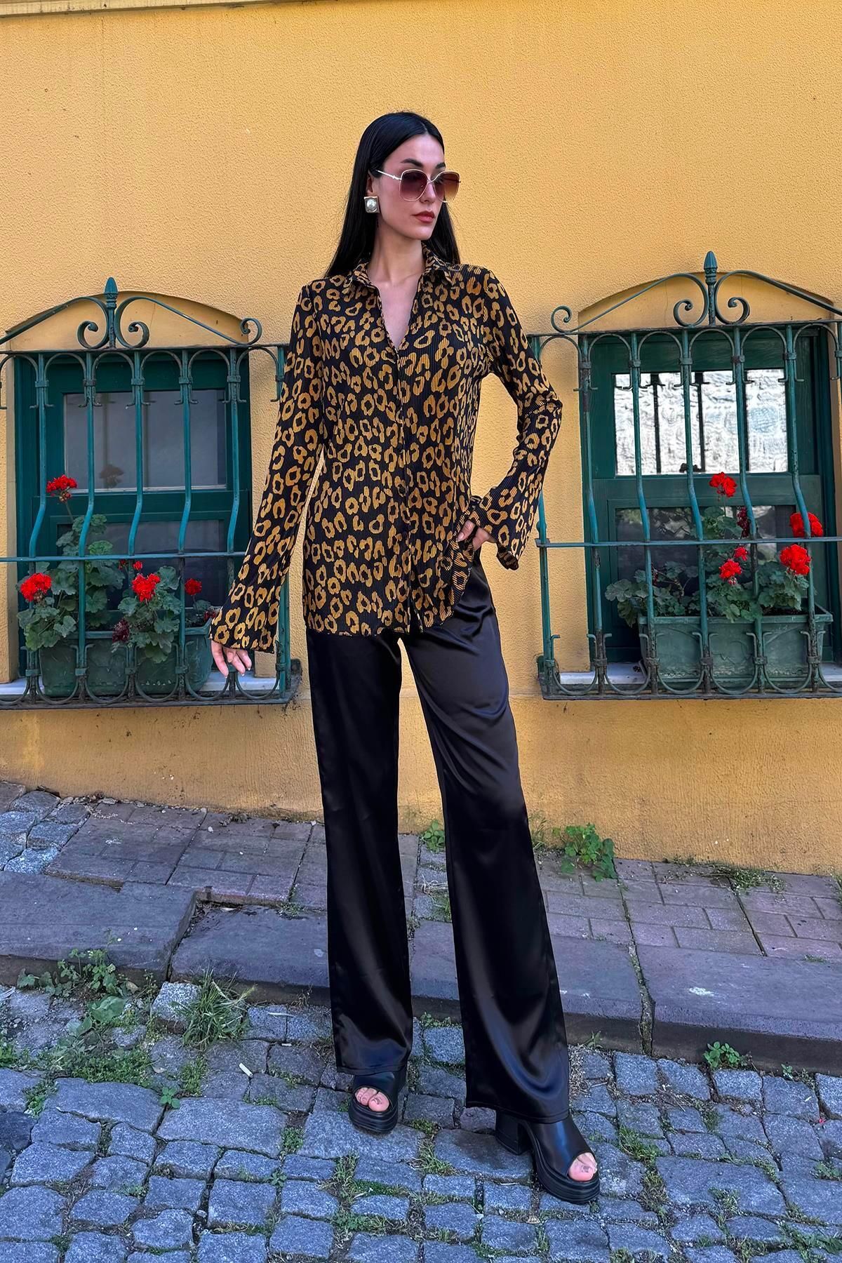 FOR YOU MODA-3 Pcs Satin Leopard Print Bustier Pants Black Set 2