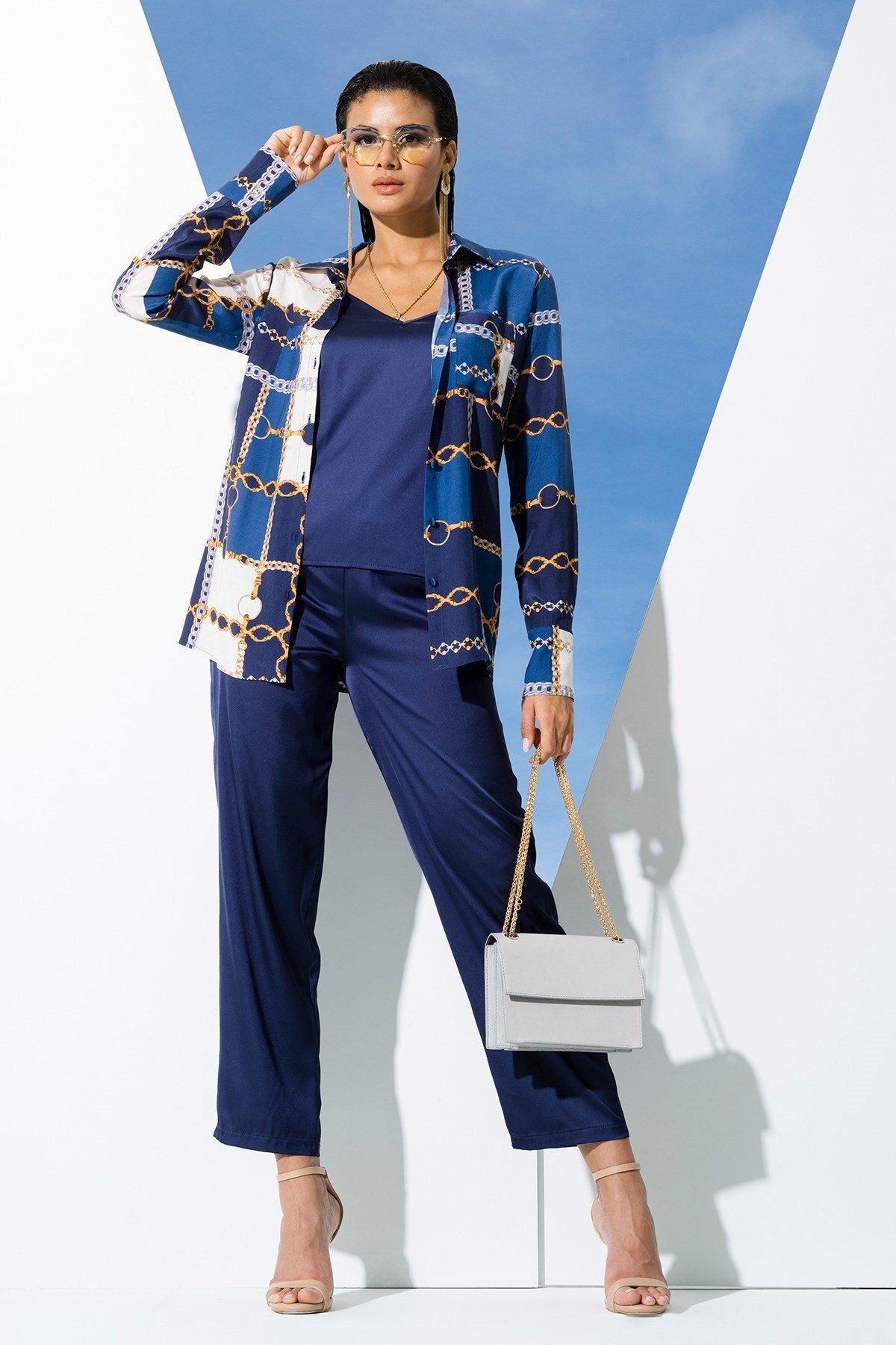 FOR YOU MODA-6-Piece Chain Pattern Inside and Outside Navy Blue Pajama Set 4