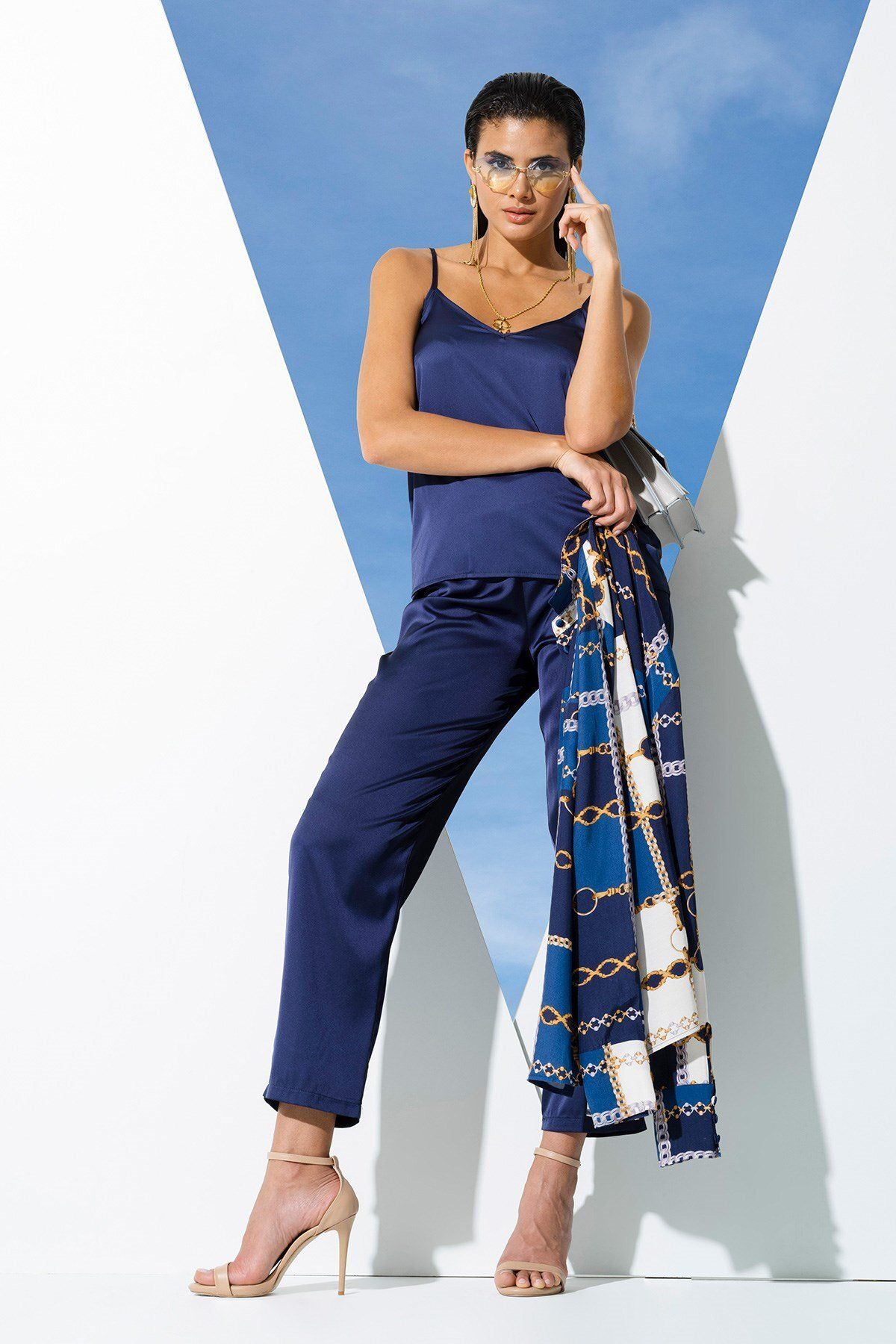 FOR YOU MODA-6-Piece Chain Pattern Inside and Outside Navy Blue Pajama Set 3