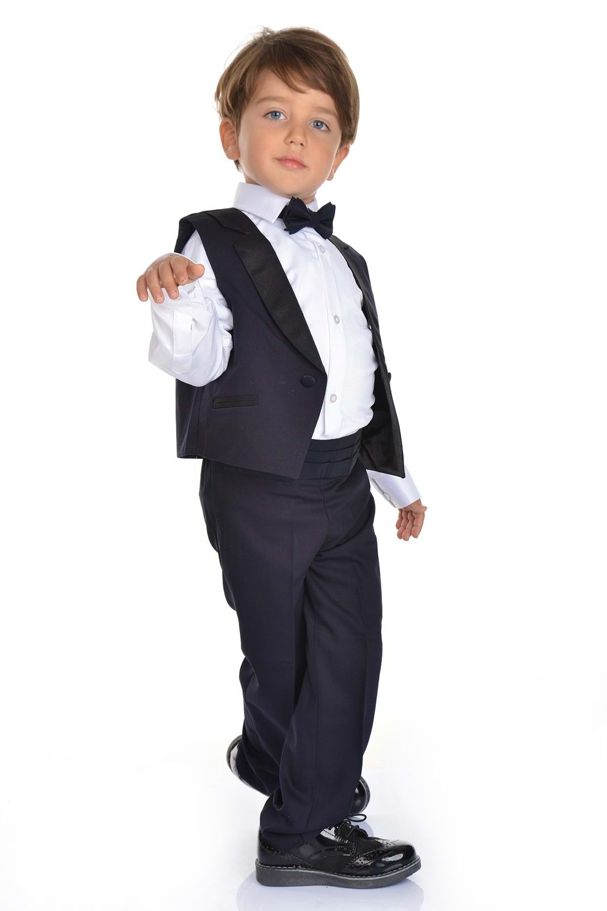 Mnk-Satin Collar Belted Vest Boy's Suit Navy Blue 5