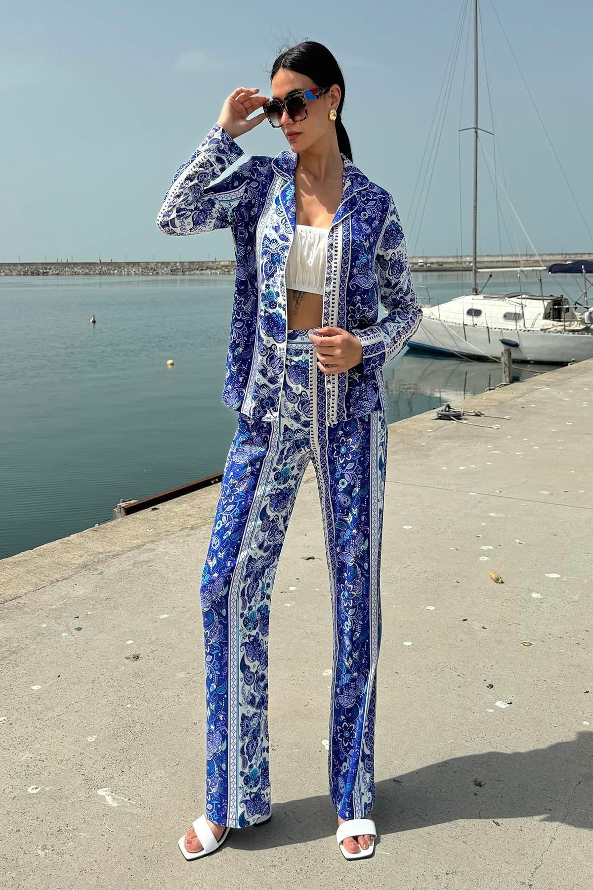 FOR YOU MODA 3'lü Viskon Desenli Bustiyer Pantolon Mavi Takım