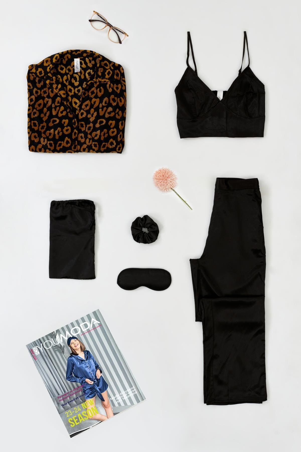 FOR YOU MODA 6'lı Pliseli Leopar Bustiyerli Siyah Pijama Takım