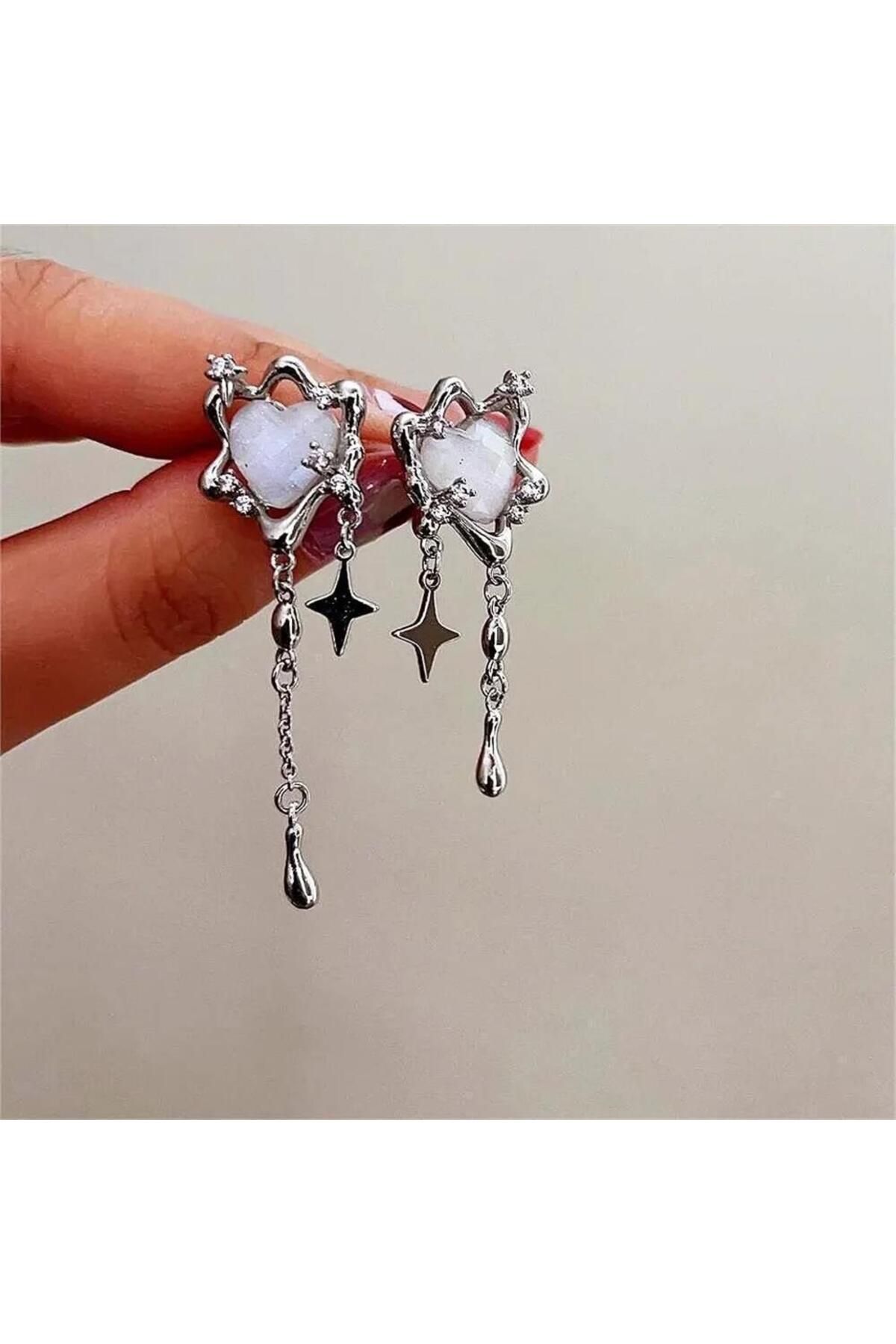 Pelin Aksesuar-White Silver Smoked Heart Earrings 2