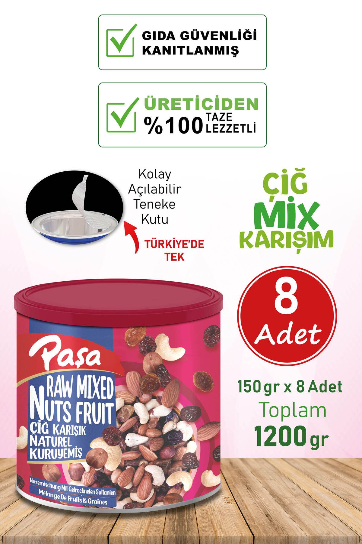 Paşa Kuruyemiş Çiğ Karışık Naturel Kuruyemiş Teneke Kutu 150 gr x 8 ADET