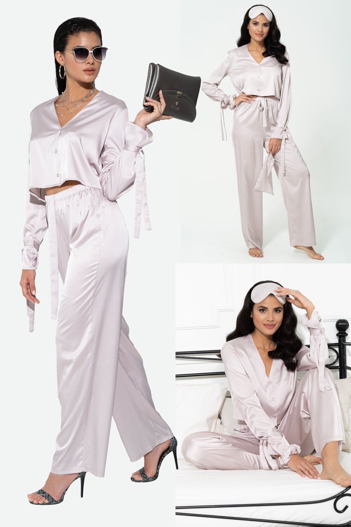 FOR YOU MODA 5'li İçeride&Dışarıda Kol Baglama Detaylı Gri Pijama Takım