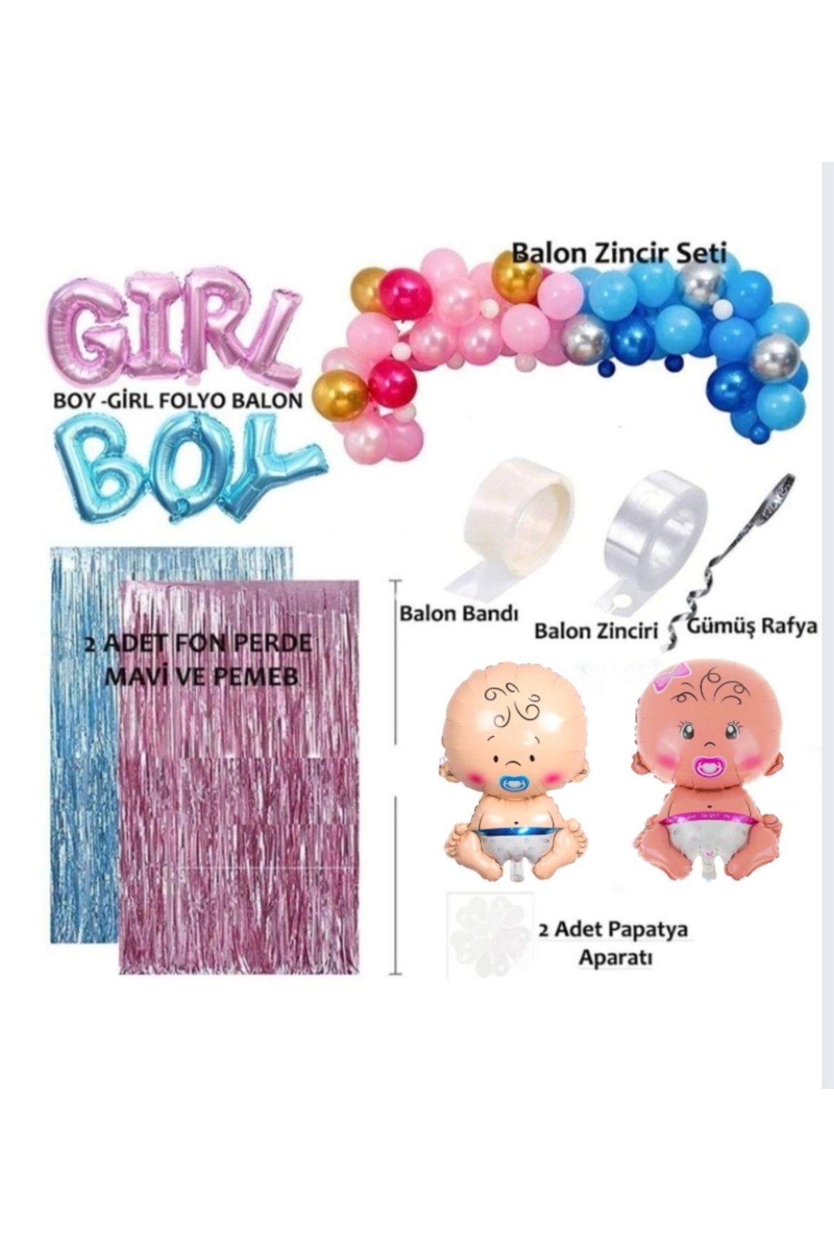 SİNDA CİNSİYET BELİRLEME PARTİ SETİ; FON PERDE FOLYO BALON, 2 ADET BEBEK FOLYO BALON VE BALON ZİNCİRİ fotoğrafı 2 (önizleme)
