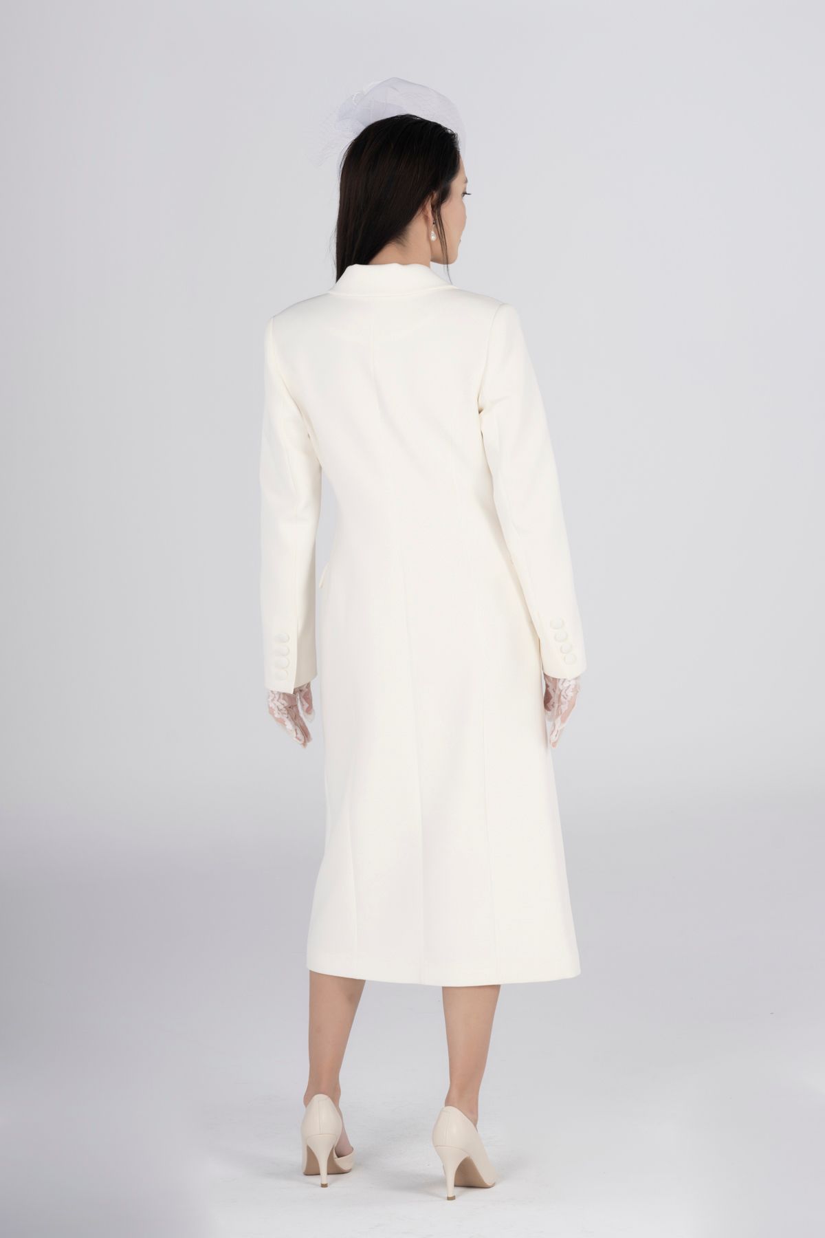 PEARL-White Long Jacket Dress with Double Breasted Neckline Pockets |   Elegant Choice for Wedding, Bride, Promise and Home Exit 6