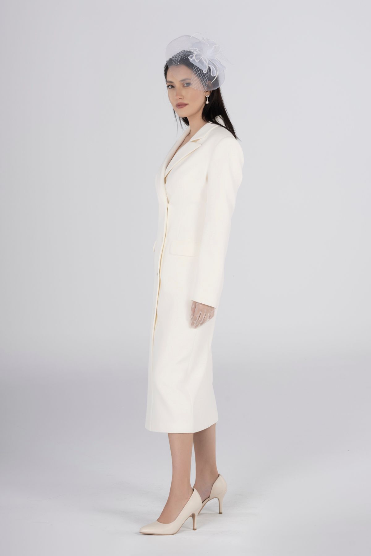 PEARL-White Long Jacket Dress with Double Breasted Neckline Pockets |   Elegant Choice for Wedding, Bride, Promise and Home Exit 5