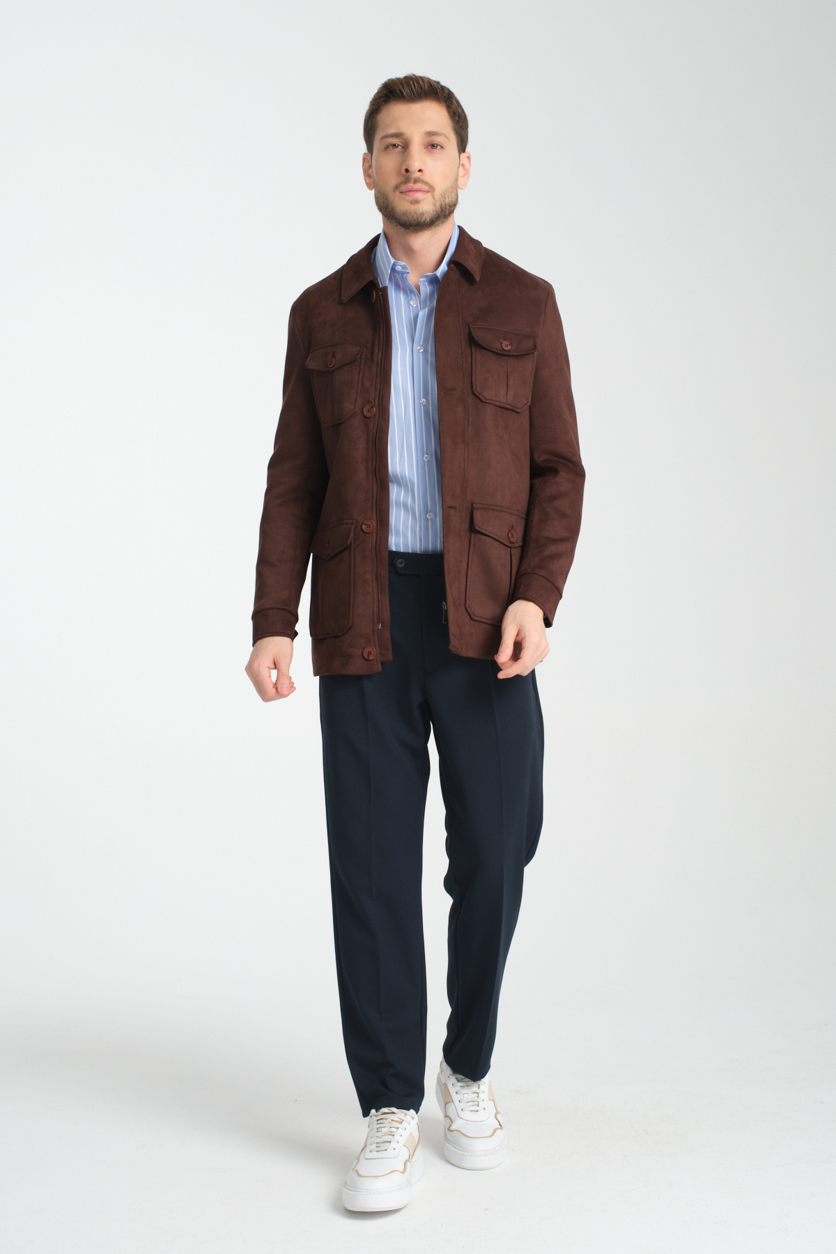 Frappoli  Fermuarlı-Düğmeli Erkek Süet Trençkot Mont Standart Fit - Görsel 5