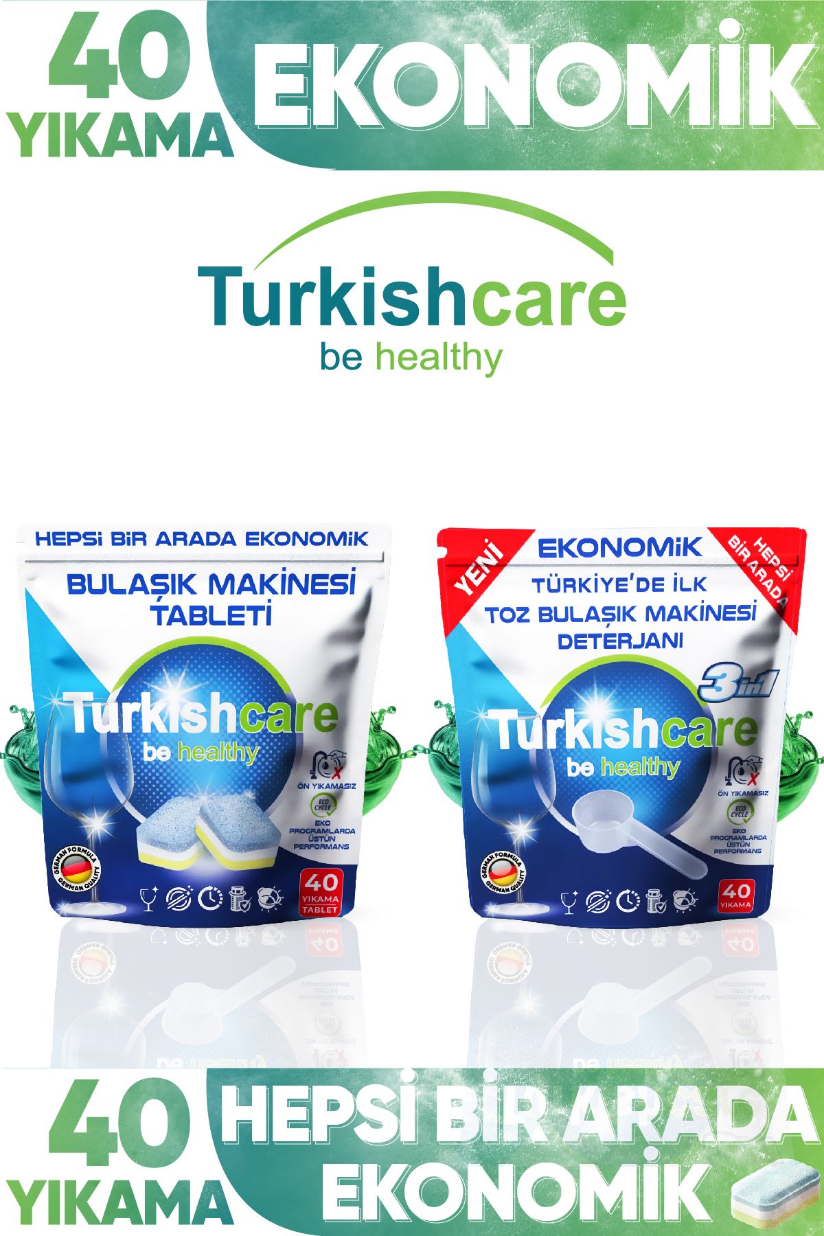 Turkishcare Bulaşık Deterjanı Premium Tablet 40 Yıkama + Bulaşık Makinesi Deterjanı Toz 40 Yıkama