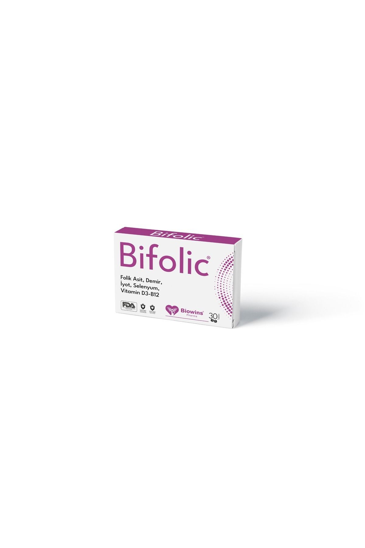 Biowins Pharma Bifolic 30'lu Folik Asit, Demir, Selenyum, İyot, Vitamin D3 ve Vitamin B12 İçeren Takviye Edici Gıda