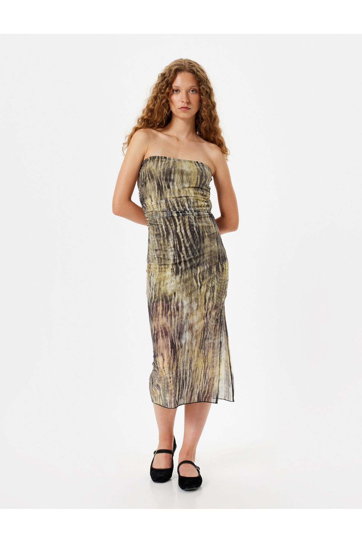 Koton-Midi Length Strapless Draped Sleeveless Dress - Abstract Pattern 3