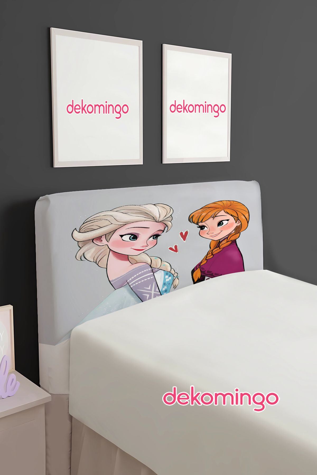 dekomingo AÇIK GRİ ELSA VE ANNA DESENLİ BAZA BAŞLIK KILIFI ( TEK KİŞİLİK )