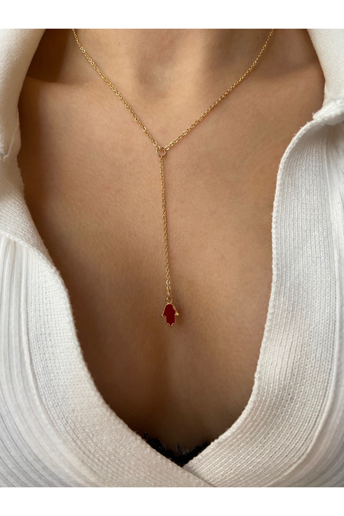 Bordo Hamsa Charm Altın Kaplama Y Dekolte Kolye Sevgililer Günü Özel - Detay Görseli 2