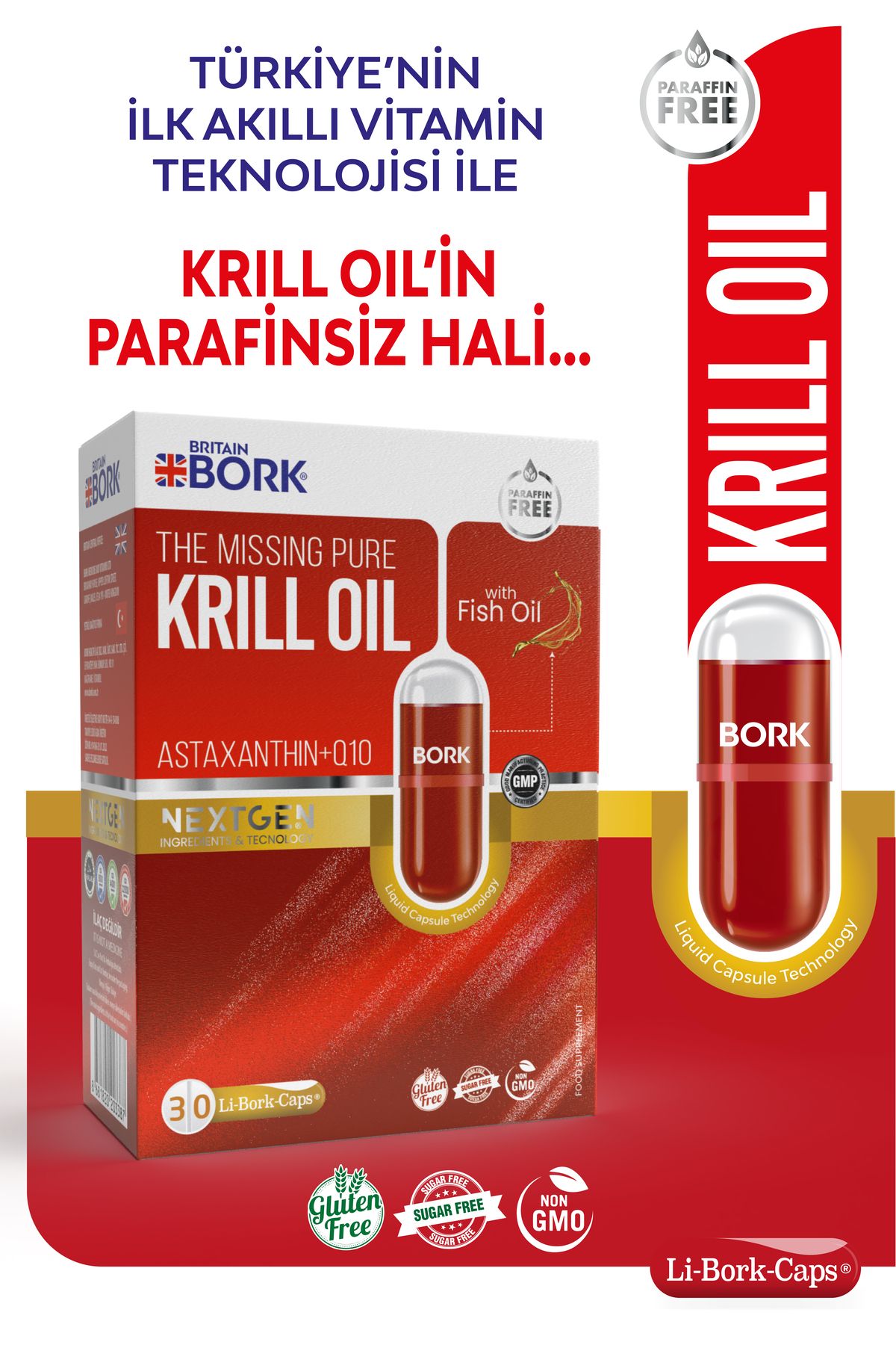 BRITAIN BORK Krill Yağı 900mg Kolin ve Astaksantin İçeren Parafinsiz Hava Sızdırmaz Okside Olmayan 30 Liborcaps