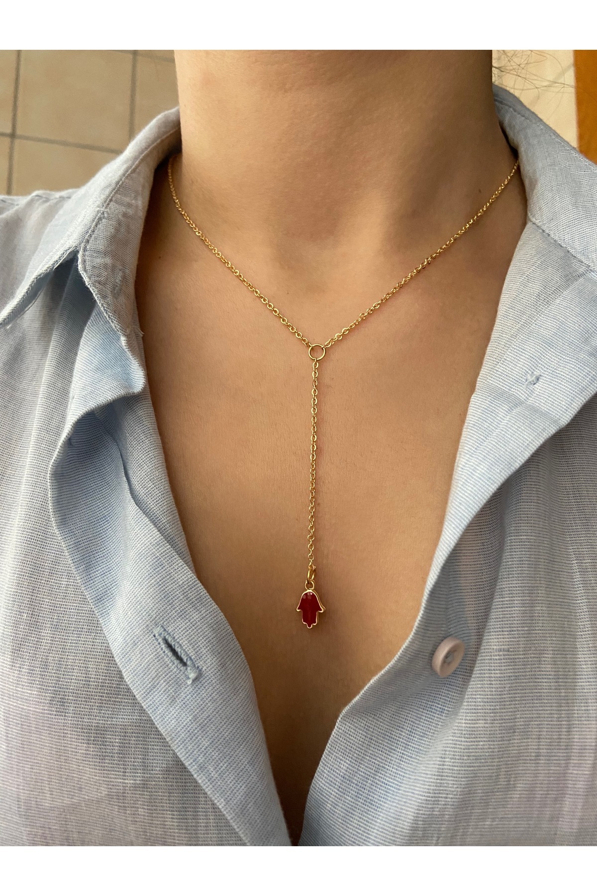 Bordo Hamsa Charm Altın Kaplama Y Dekolte Kolye Sevgililer Günü Özel