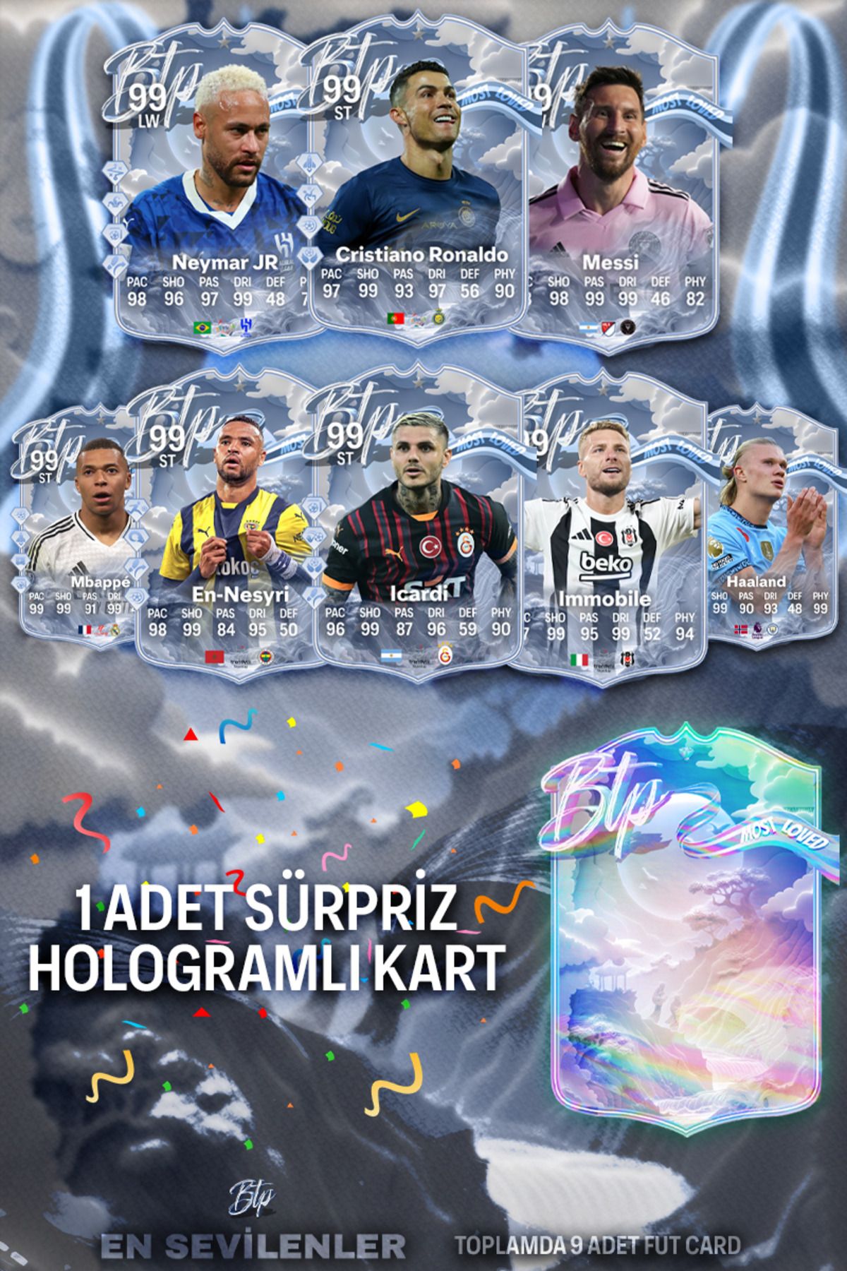 BERKANTTP En Sevilenler 9 Adet Fut Card Paketi 1 Adet Sürpriz Hologramlı Elite Kart