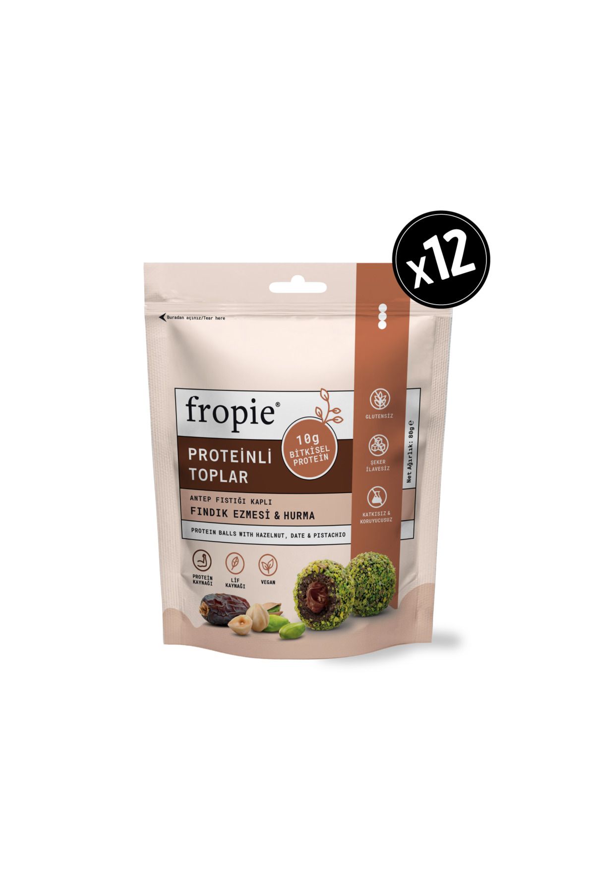 FROPİE Proteinli Meyve Topları - Antep Fıstığı Kaplı & Fındık Ezmeli X 12