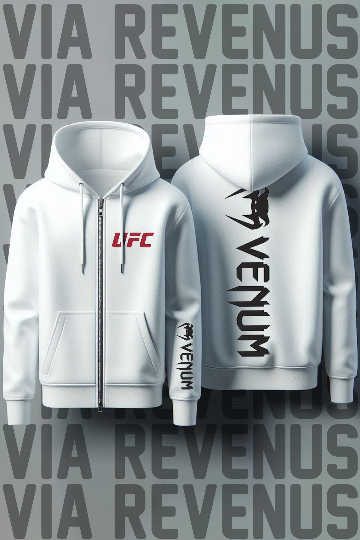 Vordevia UFC Venum Ön ve Arka Baskılı Unisex Fermuarlı Kapüşonlu Sweatshirt Hırka