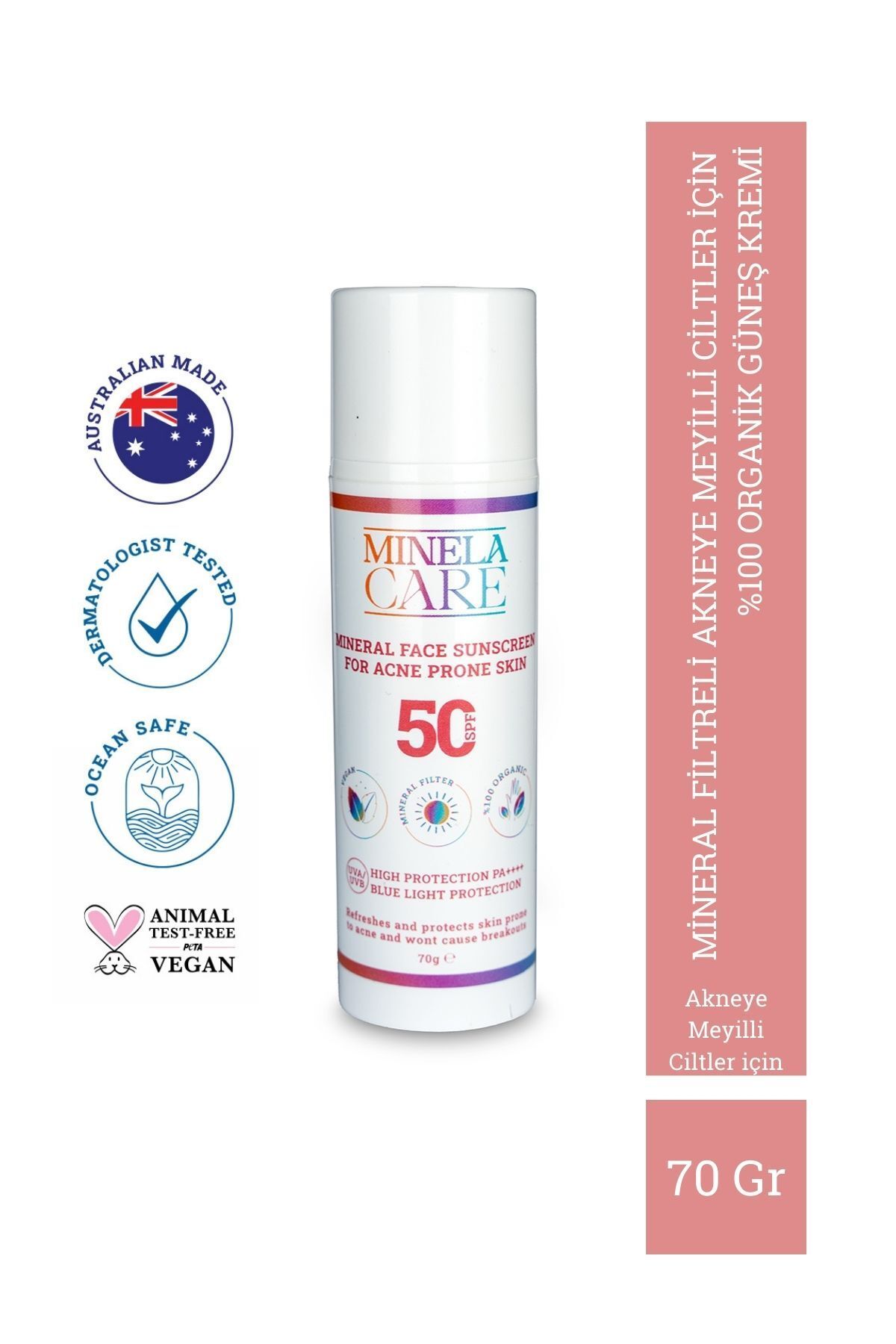 Minela Care Akneye Meyilli Ciltler Için Organik Mineral Filtreli Yüz Güneş Kremi 50 Spf 70 gr