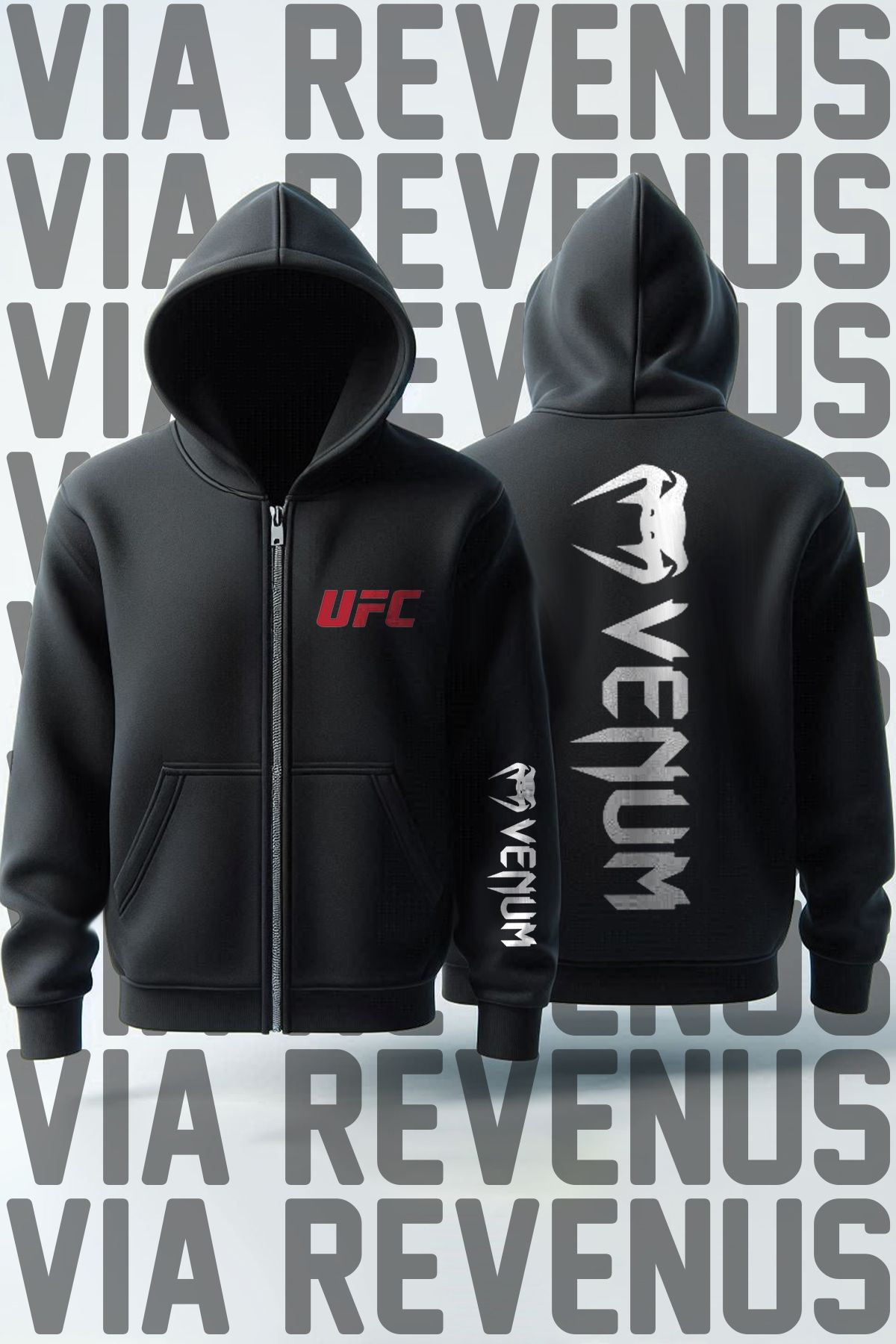 Vordevia UFC Venum Ön ve Arka Baskılı Unisex Fermuarlı Kapüşonlu Sweatshirt Hırka