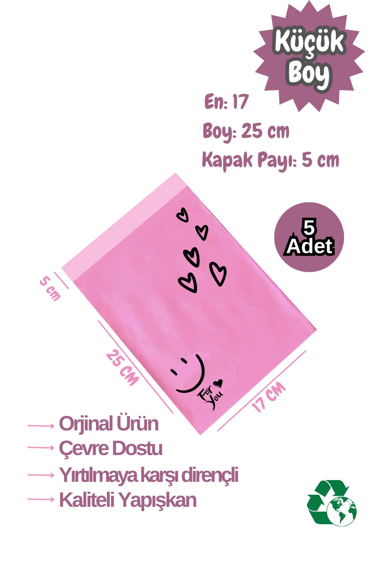 Dekals 5 Adet 17x25+5 Mini Boy Fuşya Kargo Poşeti Yapışkanlı Hediye Poşeti