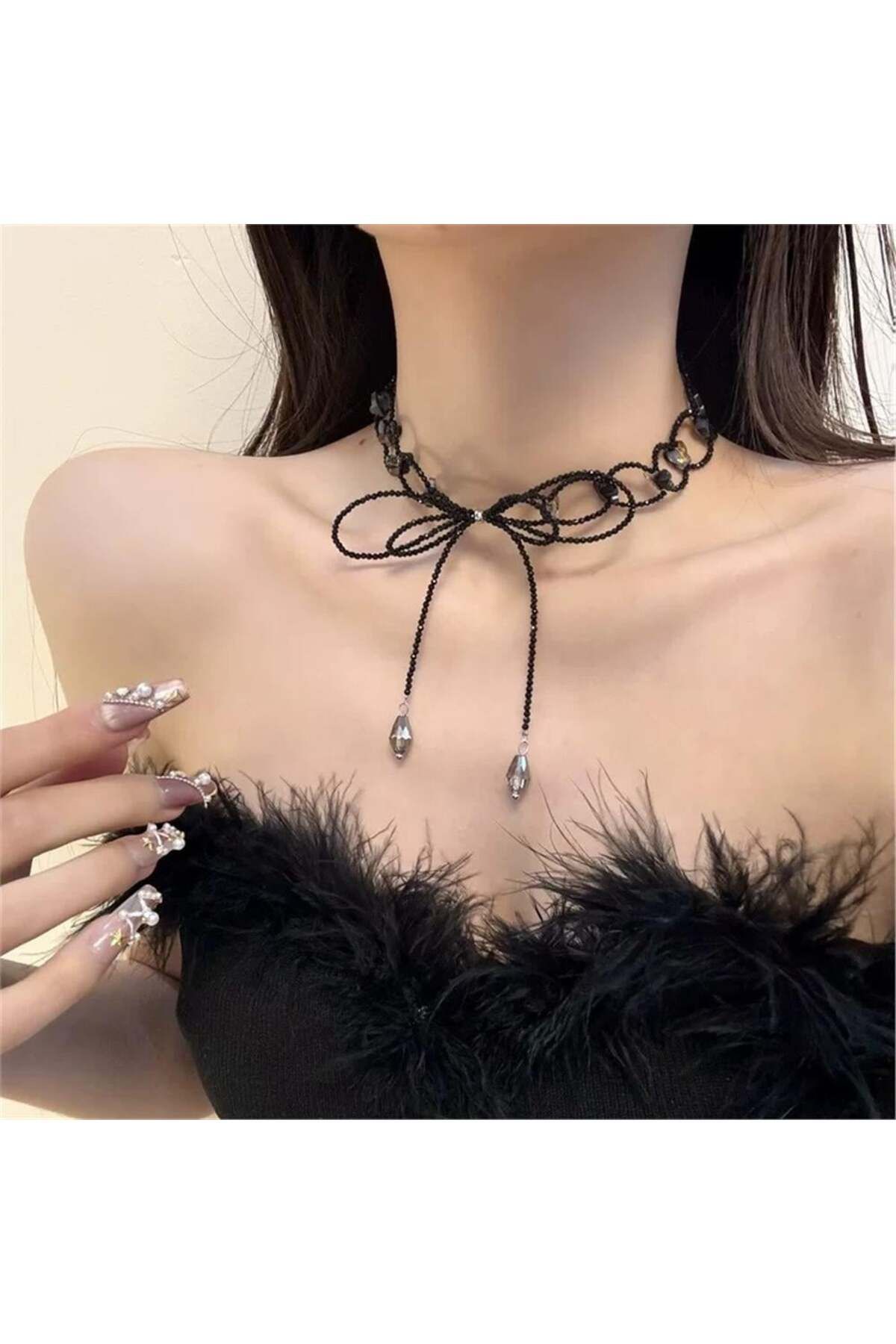 Pelin Aksesuar-Crystal Knitted Necklace with Black Bow 3