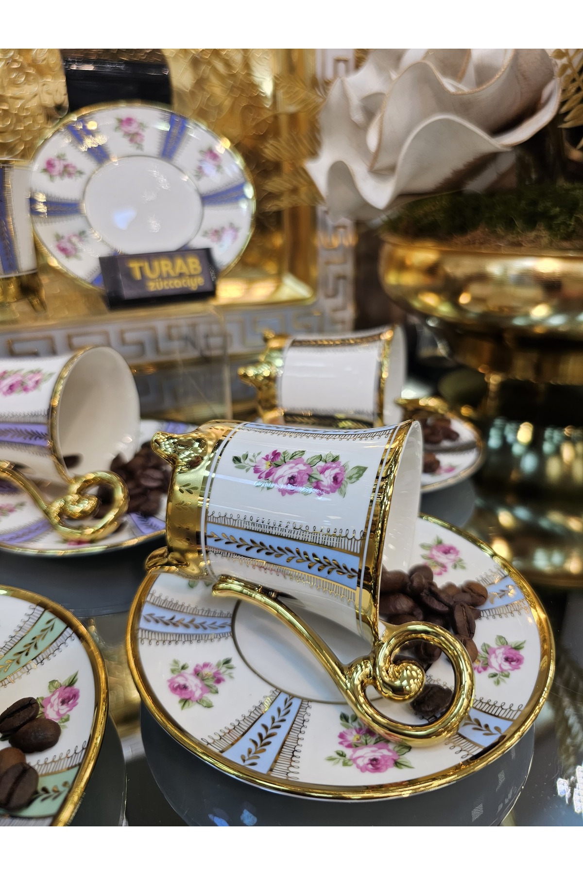 TURAB 6 Kişilik Çiçekli Gold Desenli Ayaklı Kahve Fincan Takımı 90 ML ...