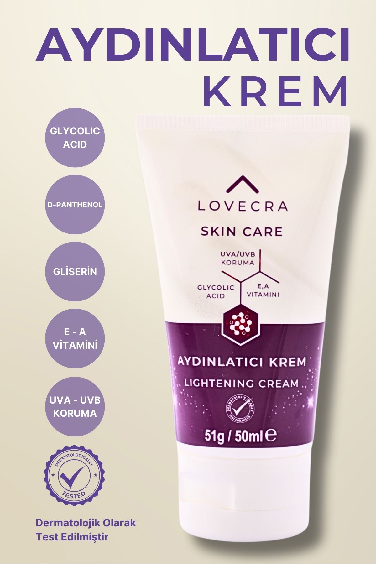 LOVECRA Aydınlatıcı Krem El bakım E & A Vitamini Ton Eşitleyici Nemlendirici Gliserin AHA D-Panthenol 50ml