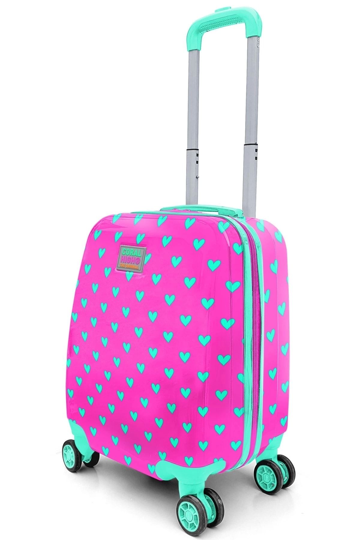 Coral High-Kids Neon Pink Water Green Heart Patterned Children's Suitcase 16715 7