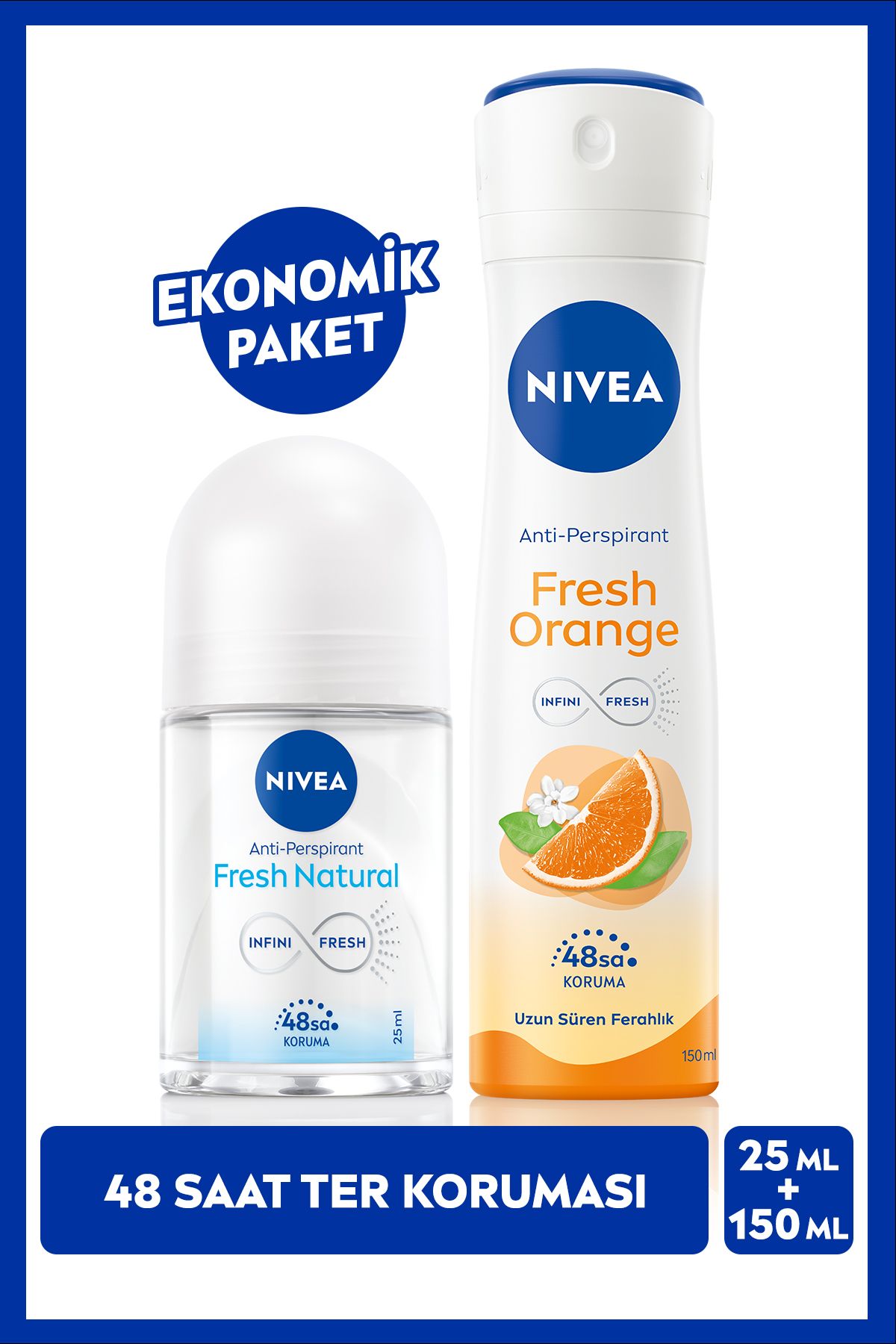 اسپری زنانه دئودورانت Fresh Orange 150ml و Mini Roll-on Fresh Natural 25ml 48 ساعت محافظت از عرق NIVEA