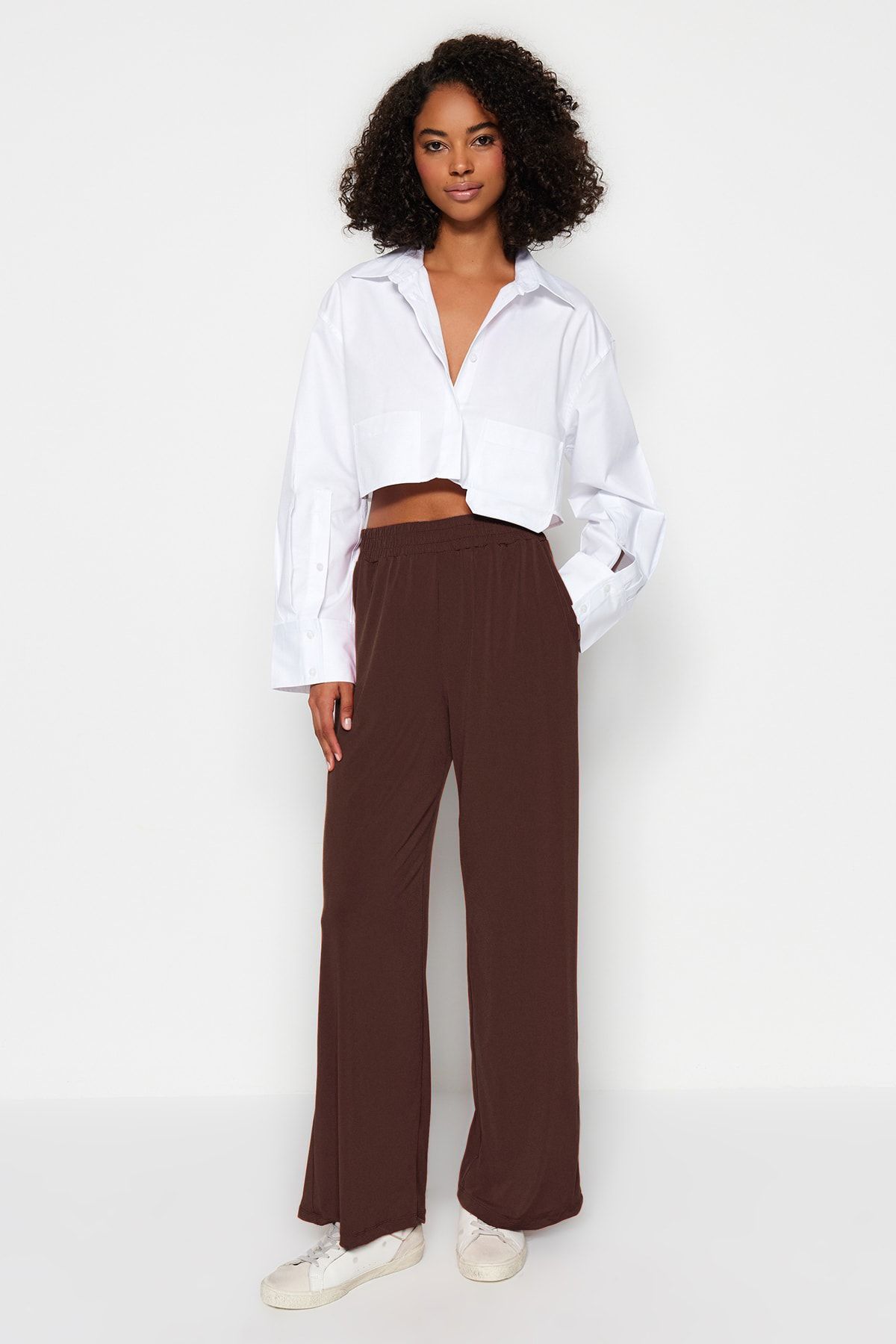 Trendyol Collection-Hnědá široká noha/ uvolněný střih s vysokým pasem elastické kalhoty Twoss23Pl00129 4