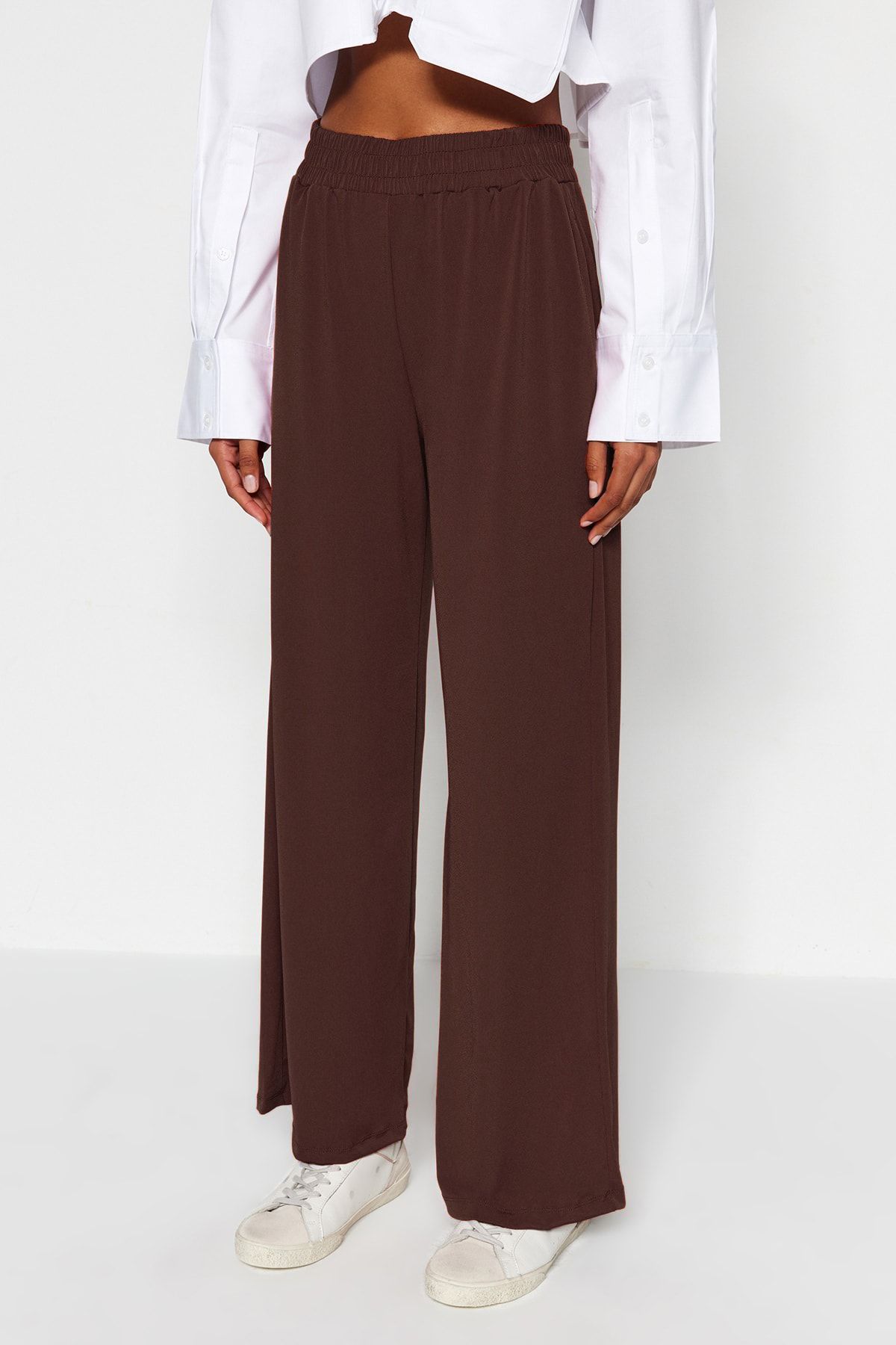 Trendyol Collection-Hnědá široká noha/ uvolněný střih s vysokým pasem elastické kalhoty Twoss23Pl00129 5