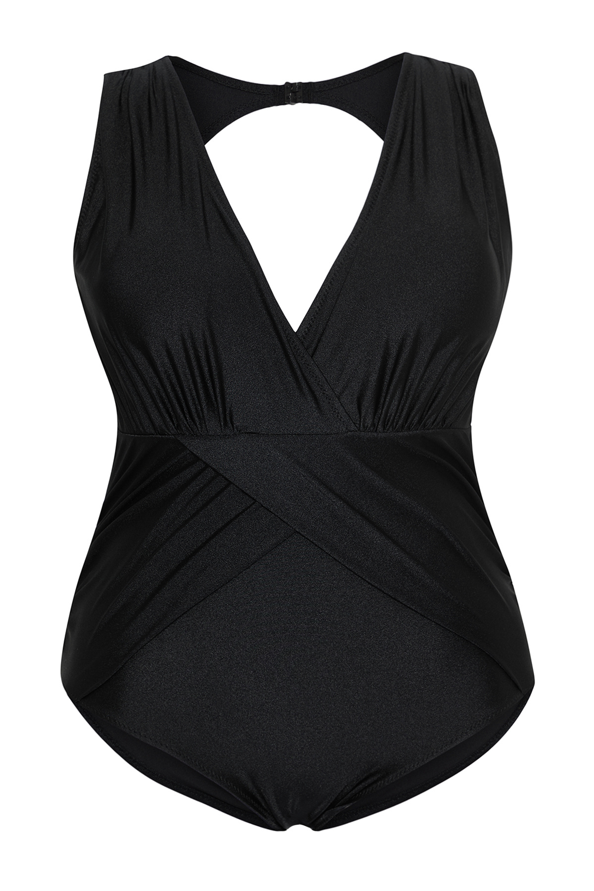 Trendyol Curve-Schwarzer Badeanzug mit tiefem V-Ausschnitt und gerafftem Detail in Übergröße TBBSS25AM00002 6